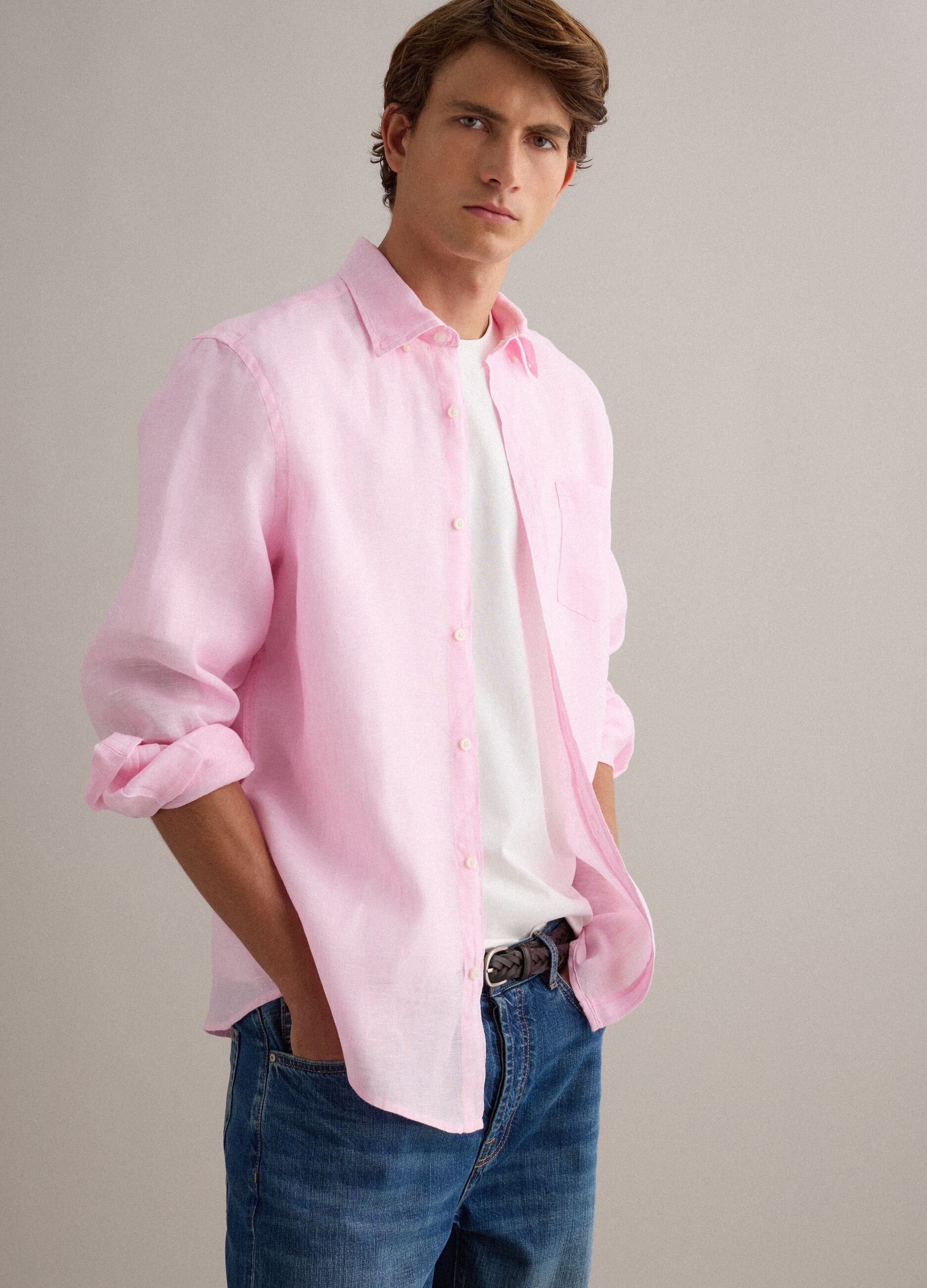 Pink pure linen shirt with button-down collar, regular fit