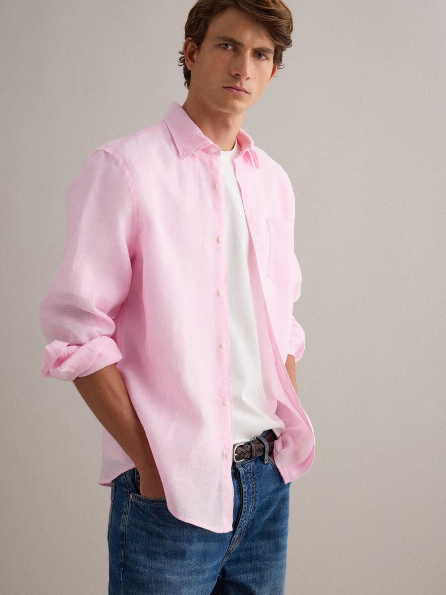 Camicia rosa in puro lino con collo button down regular fit_2