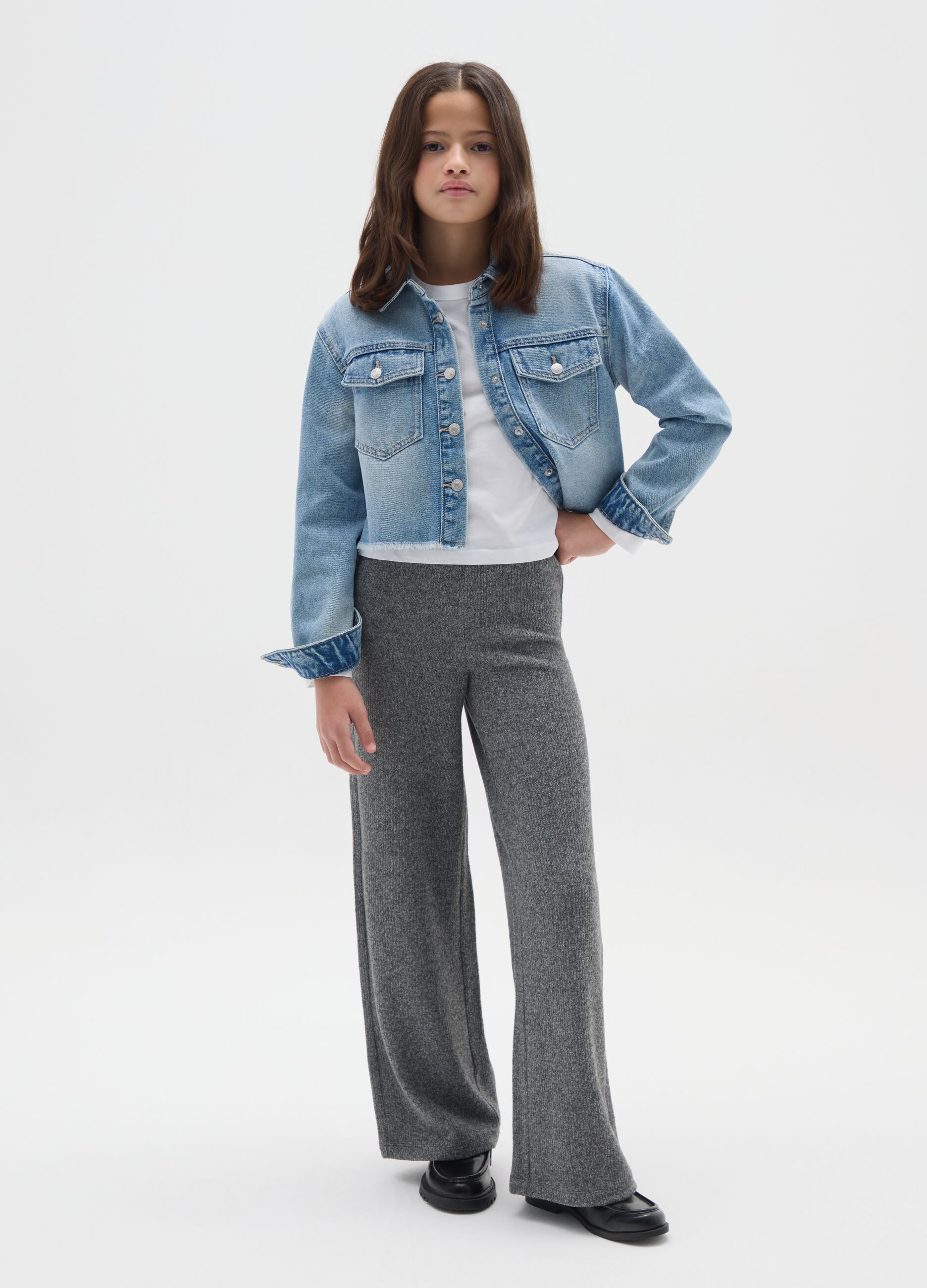 Girl's Grey Wide Leg Trousers in Stretch Fabric