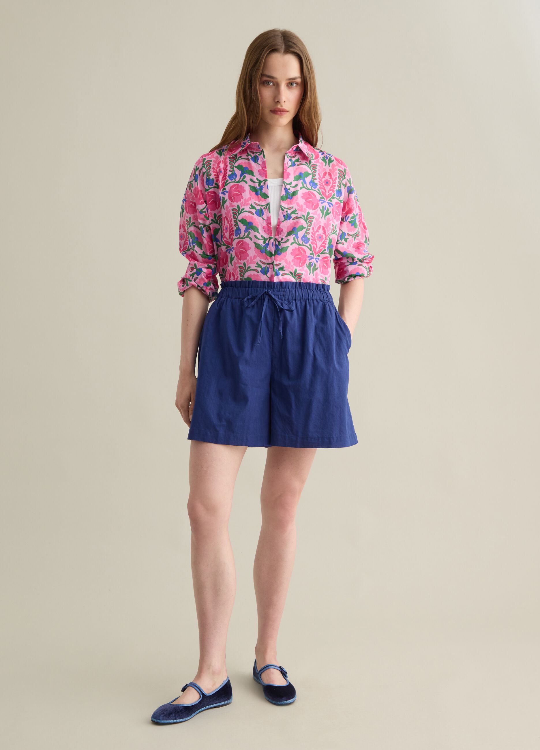 Cotton Shirt with Pink and Green Floral Print