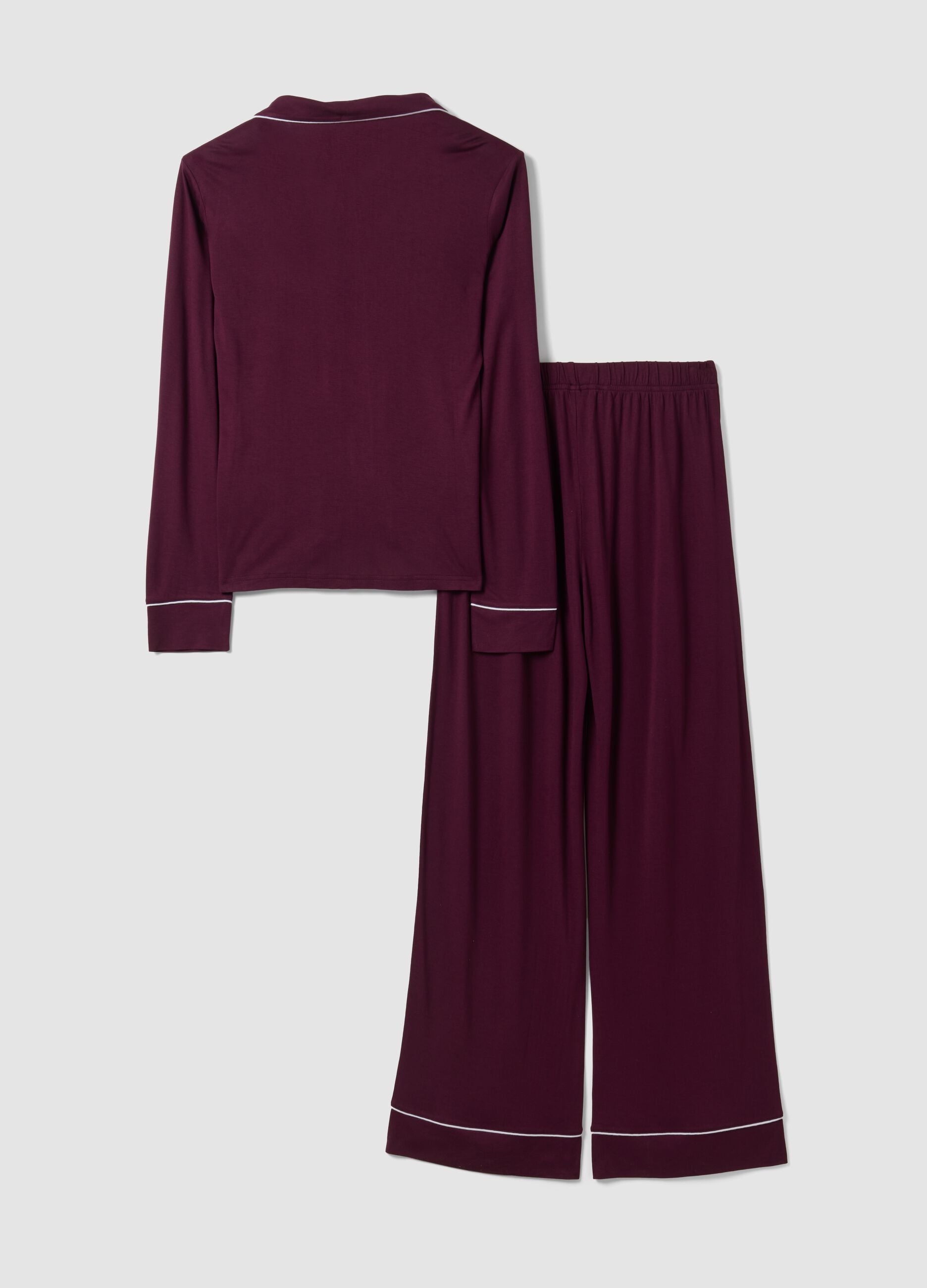 Purple pure viscose pyjamas with V-neck and contrast piping