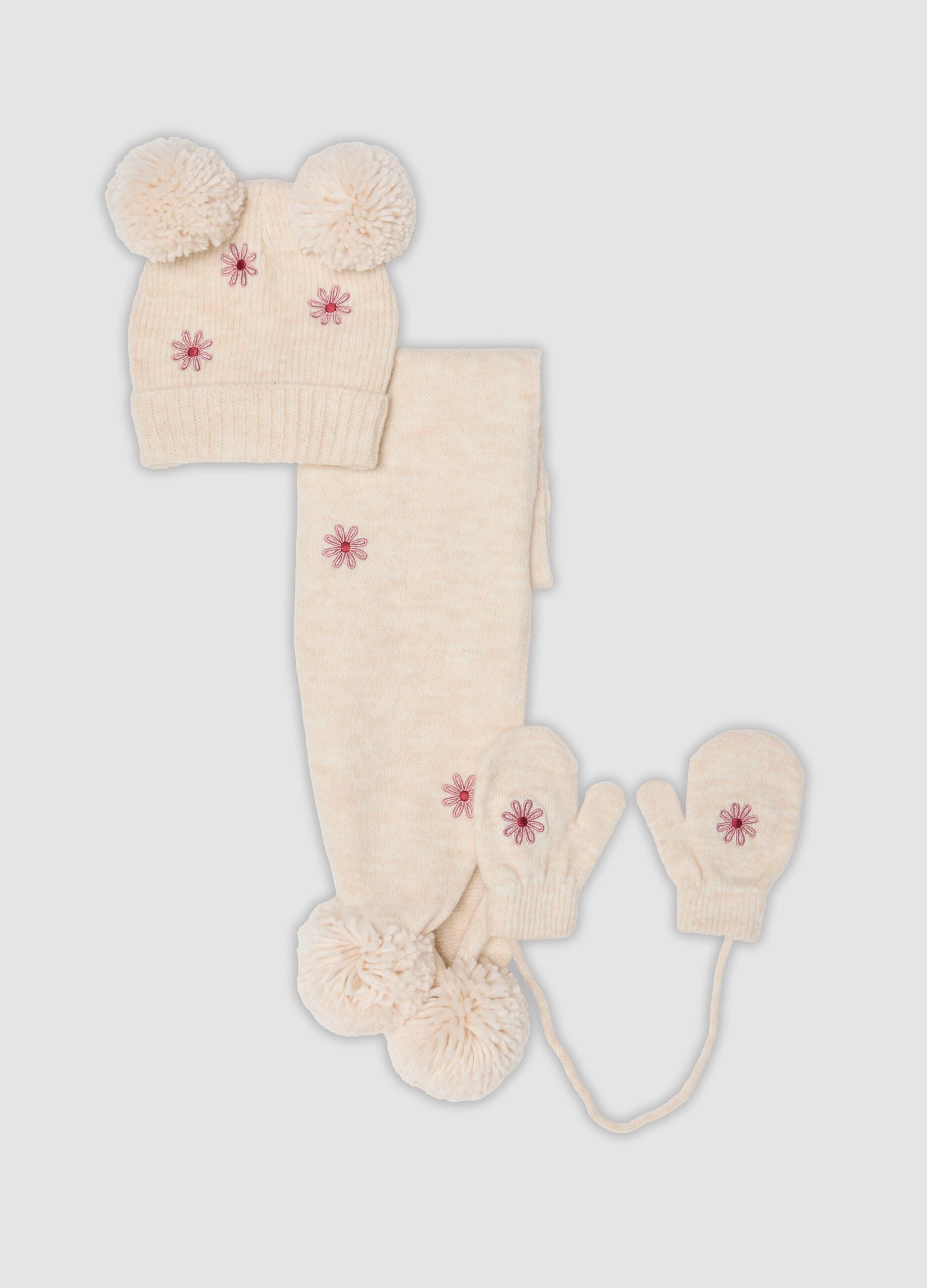 Beige stretch-fabric hat, scarf and mittens set