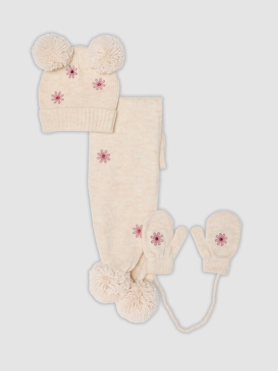 Set cappello, sciarpa e muffole beige in tessuto elasticizzato_0