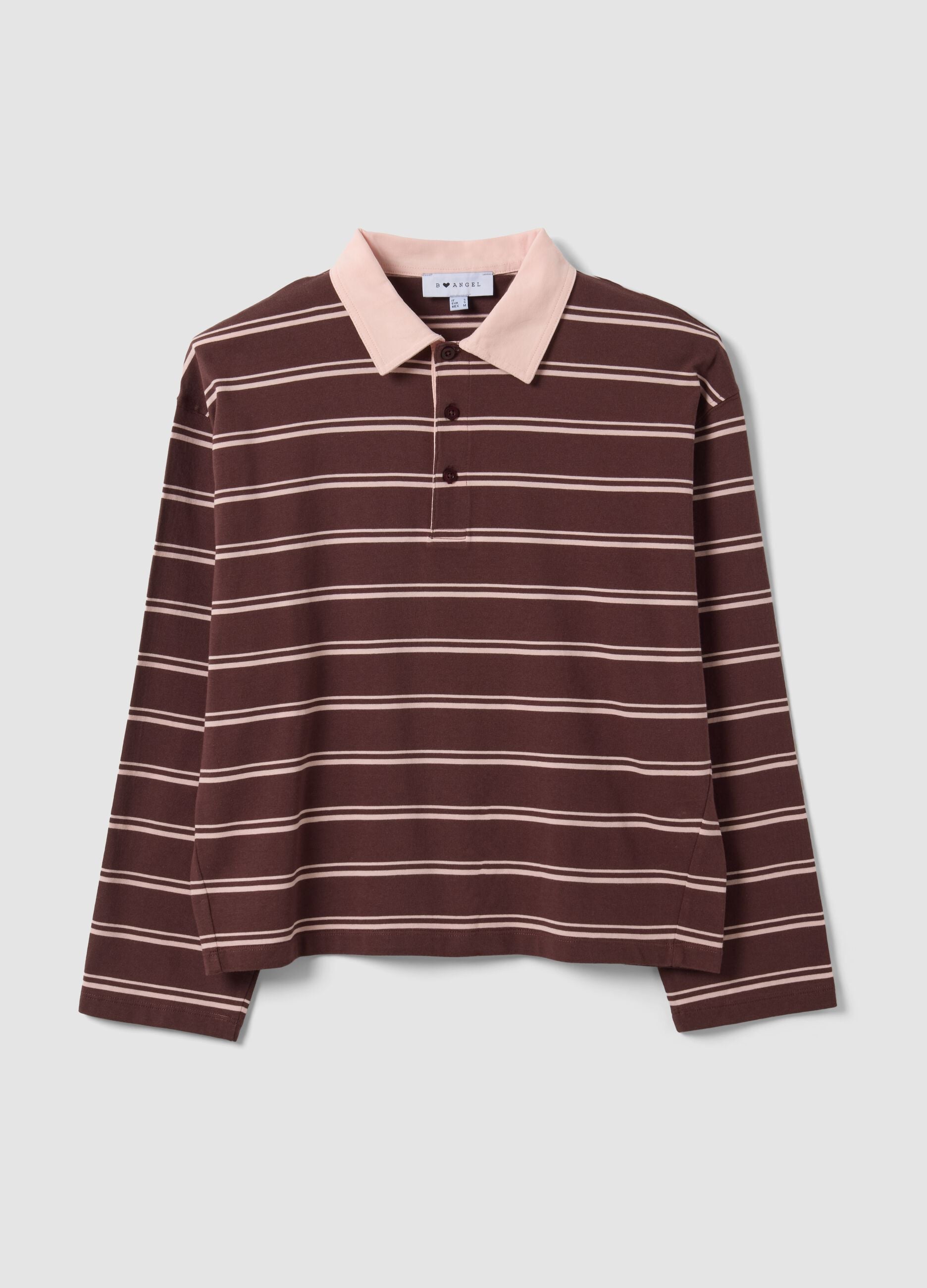 Brown pure cotton striped long-sleeve polo shirt, regular fit
