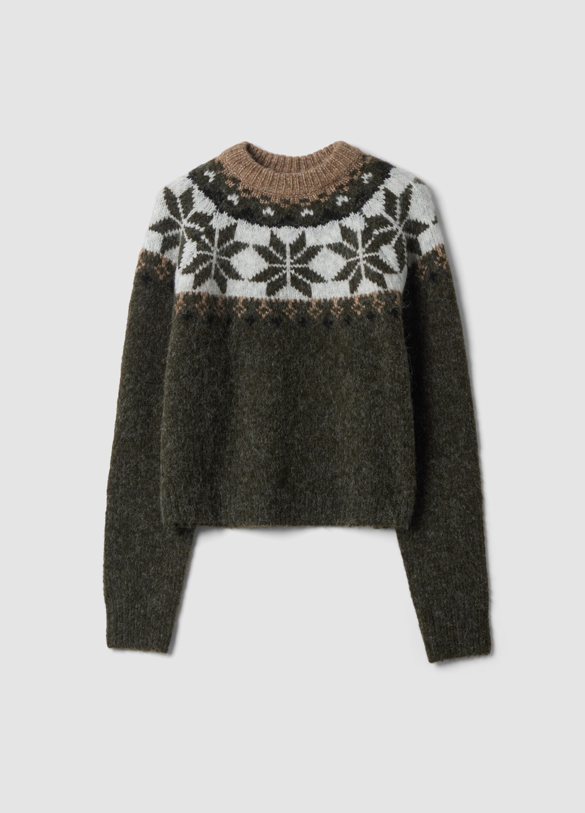 Brown wool-blend jumper with jacquard mock neck