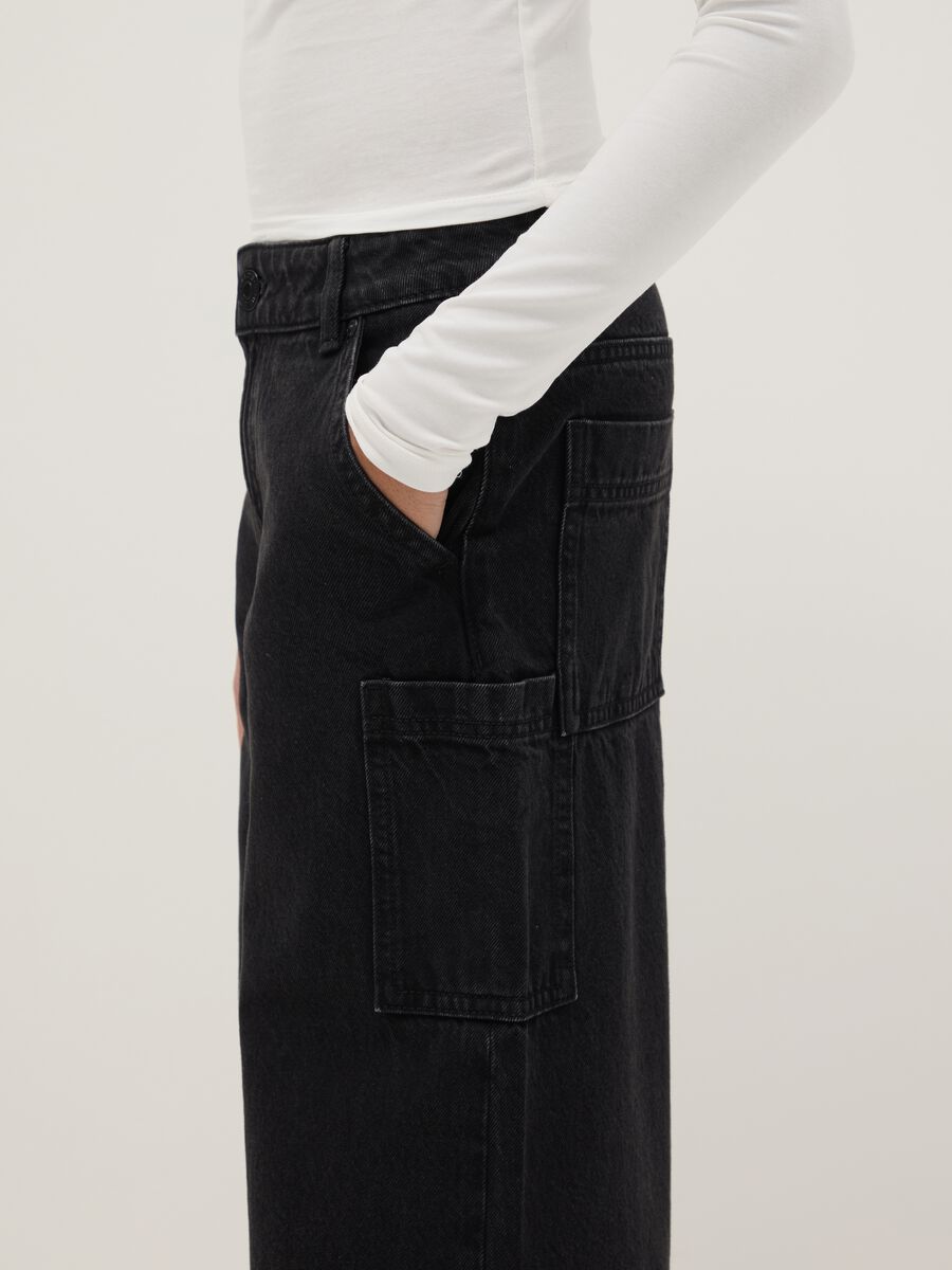 Girls' Pure Black Cotton Wide Leg Jeans with Large Pockets_2