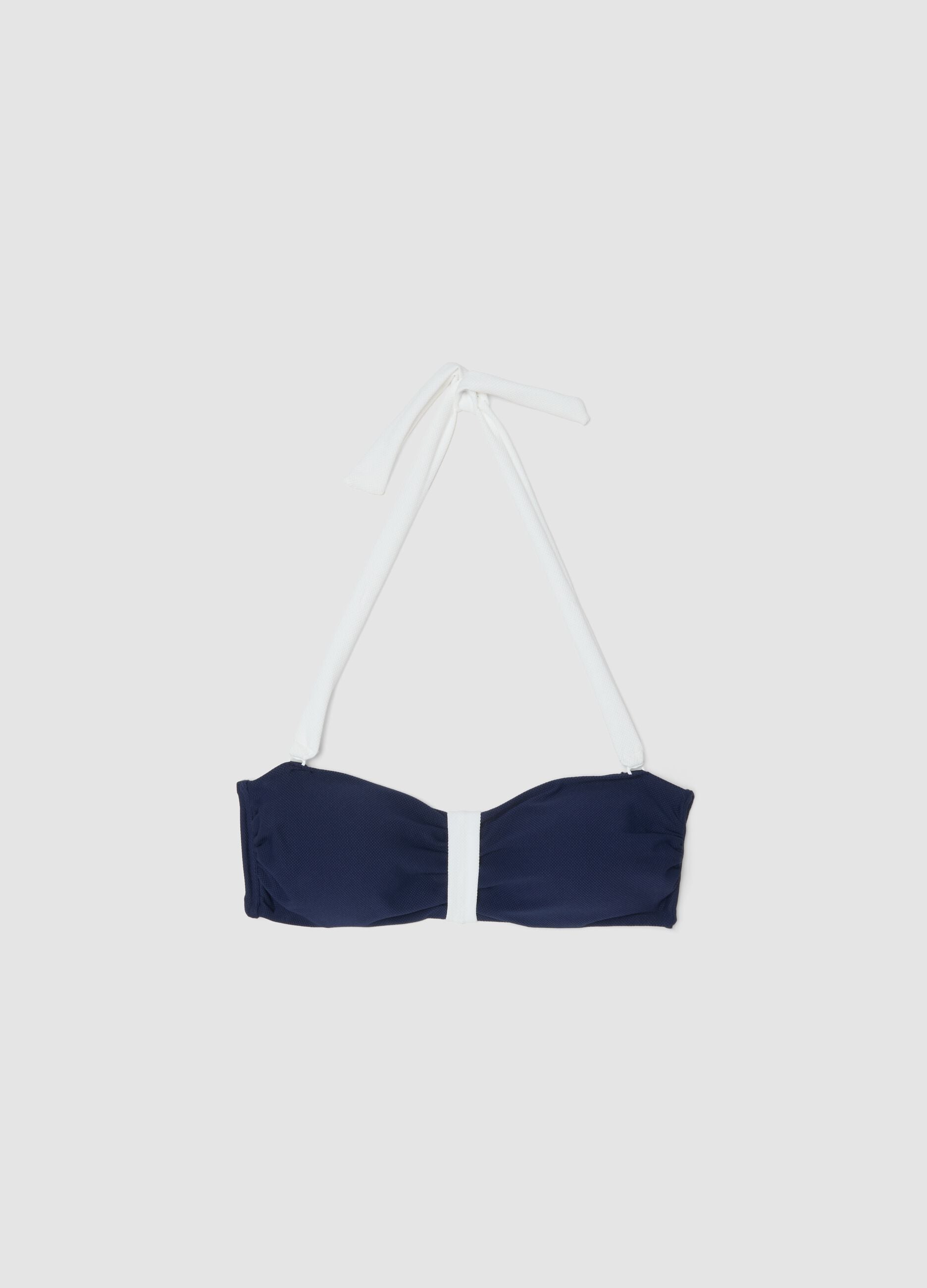 Blue and white bandeau bikini top in stretch fabric