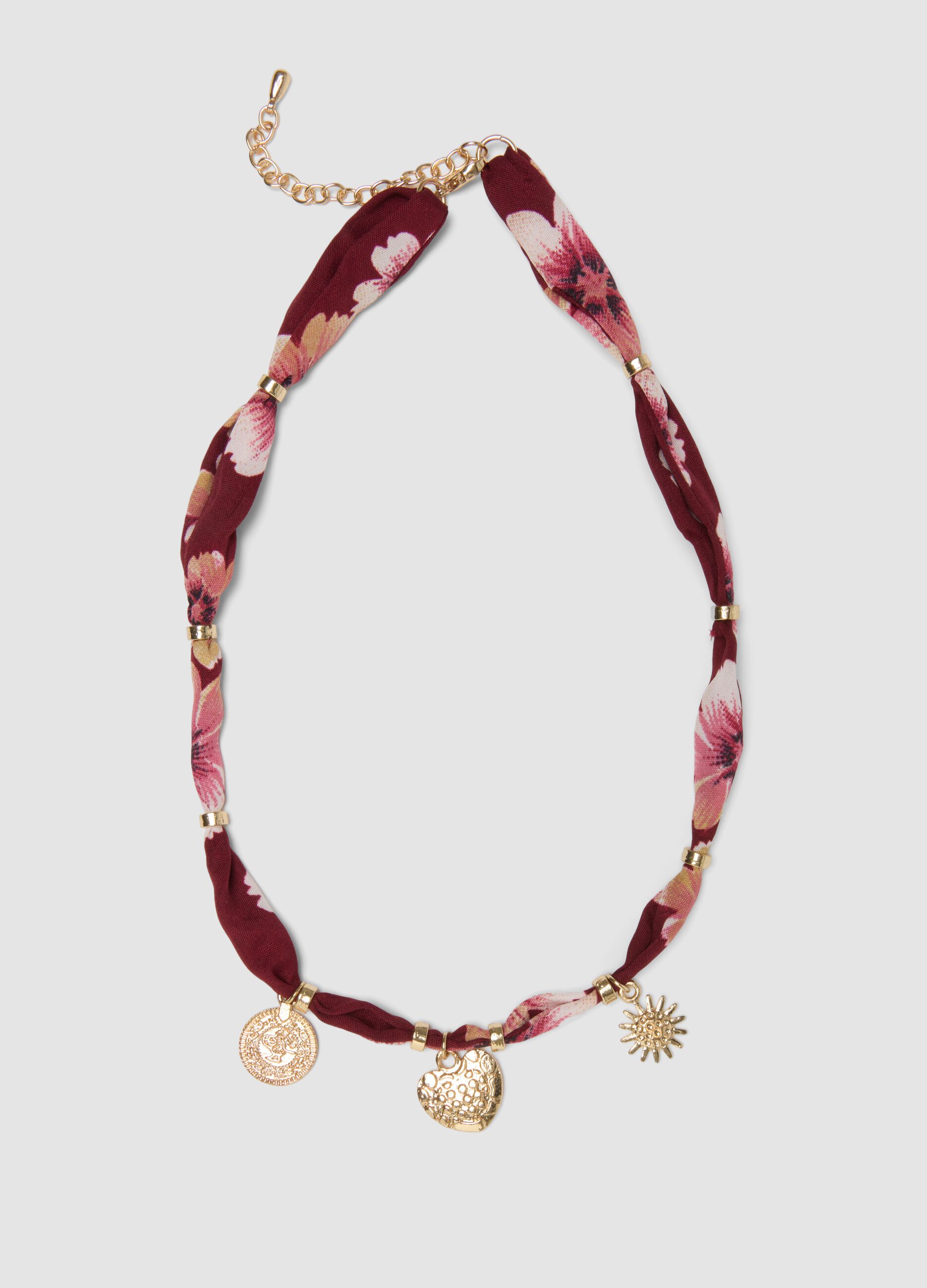 Red floral-print necklace with gold-tone charms