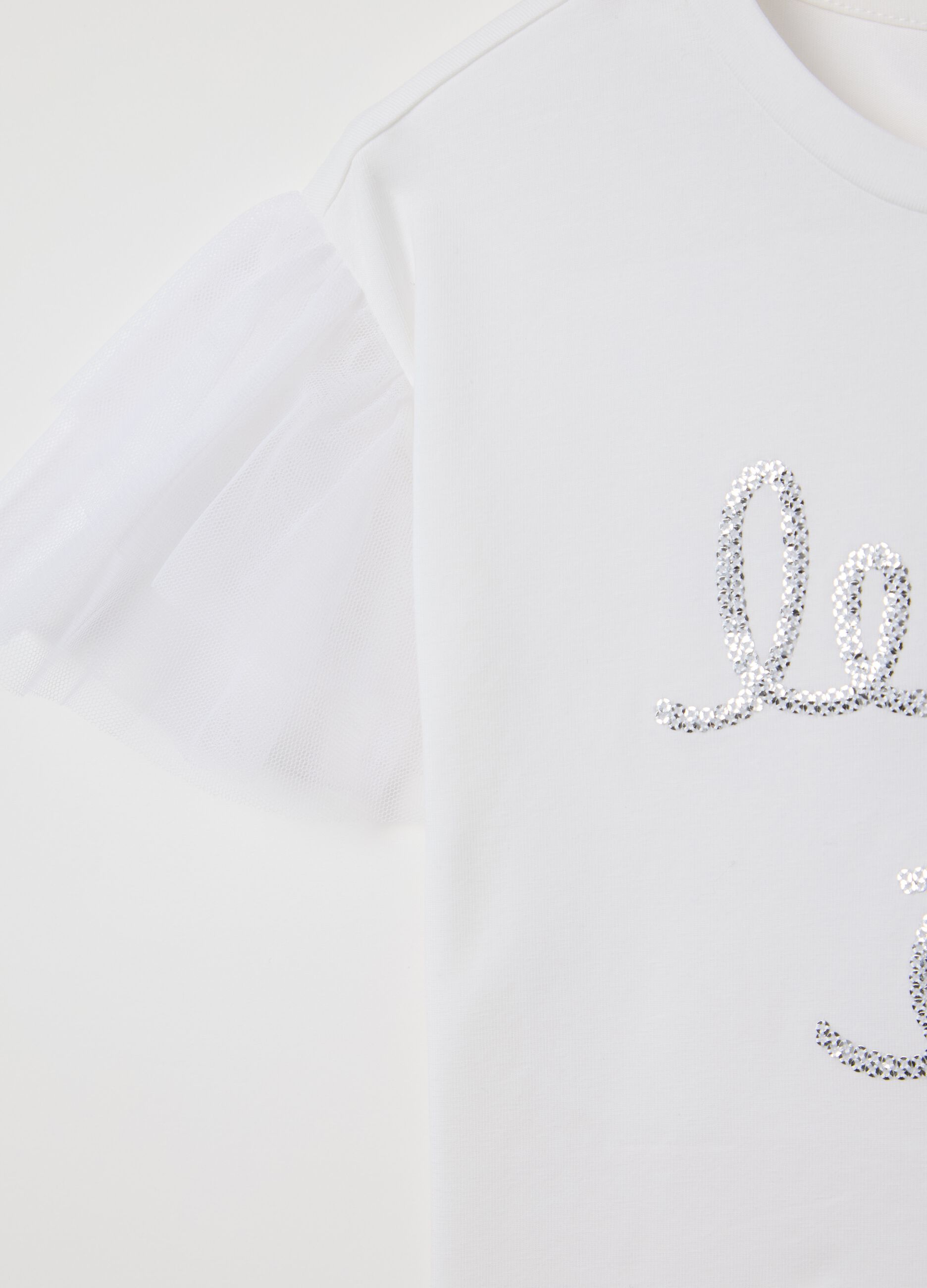 White stretch cotton T-shirt with sequins