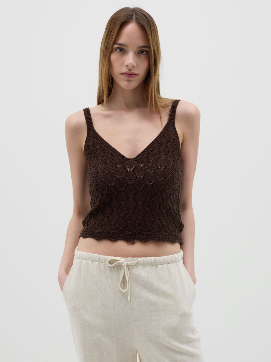 Brown perforated cotton tank top_2