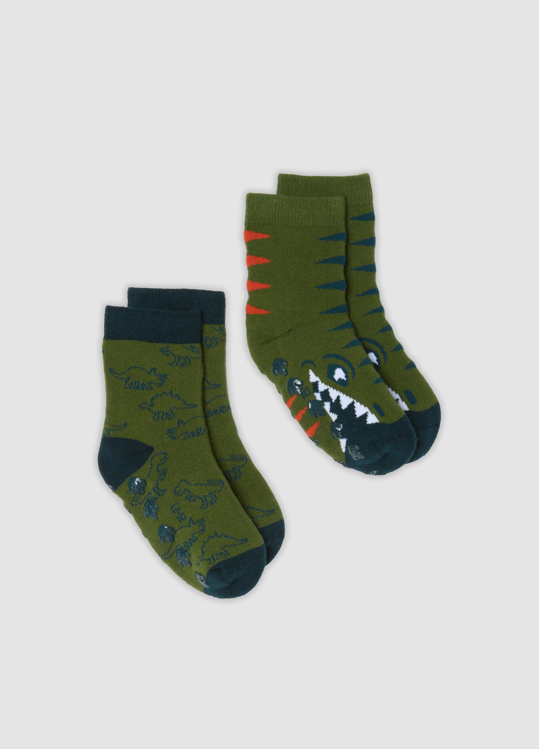 Bipack calze antiscivolo verdi in cotone organico elasticizzato con fantasia dinosauri