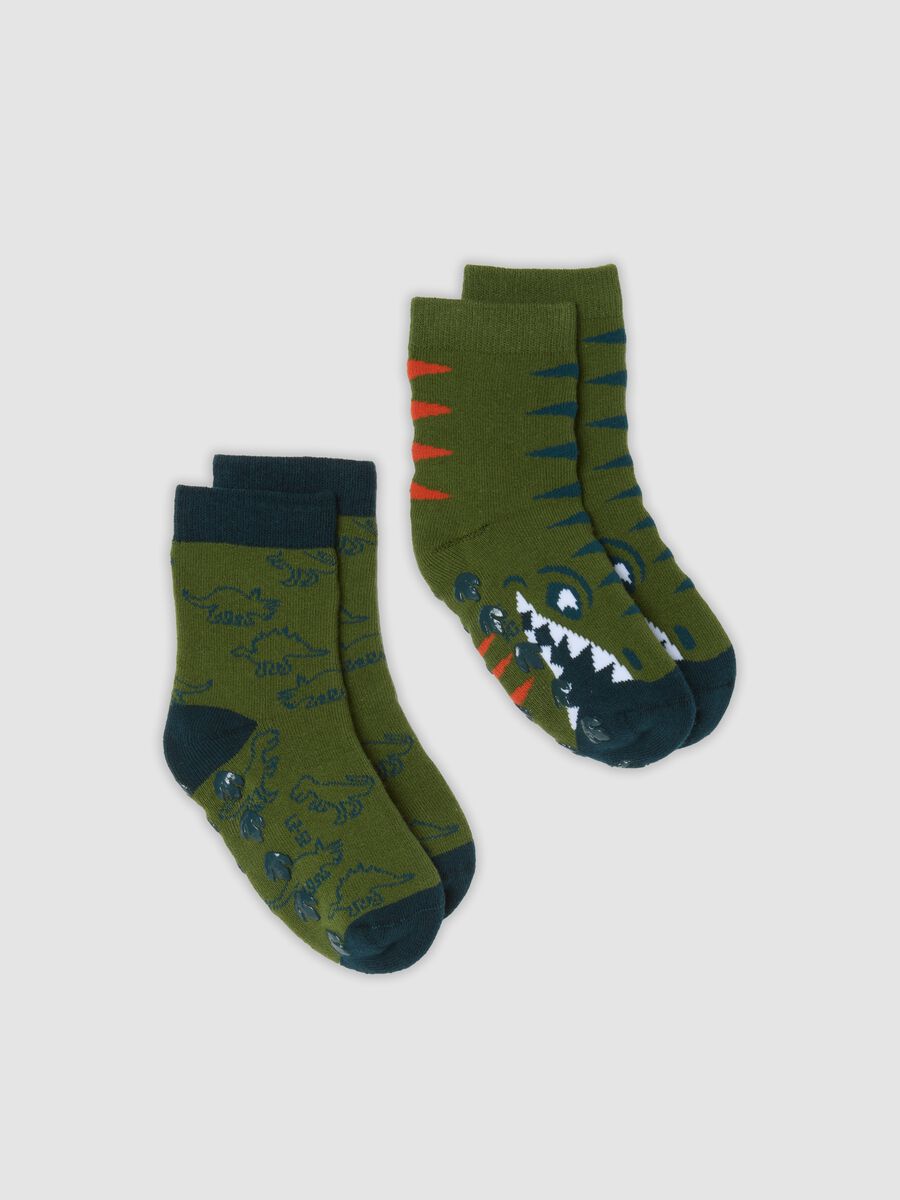 2-pack green non-slip socks in stretchy organic cotton with dinosaur print_0