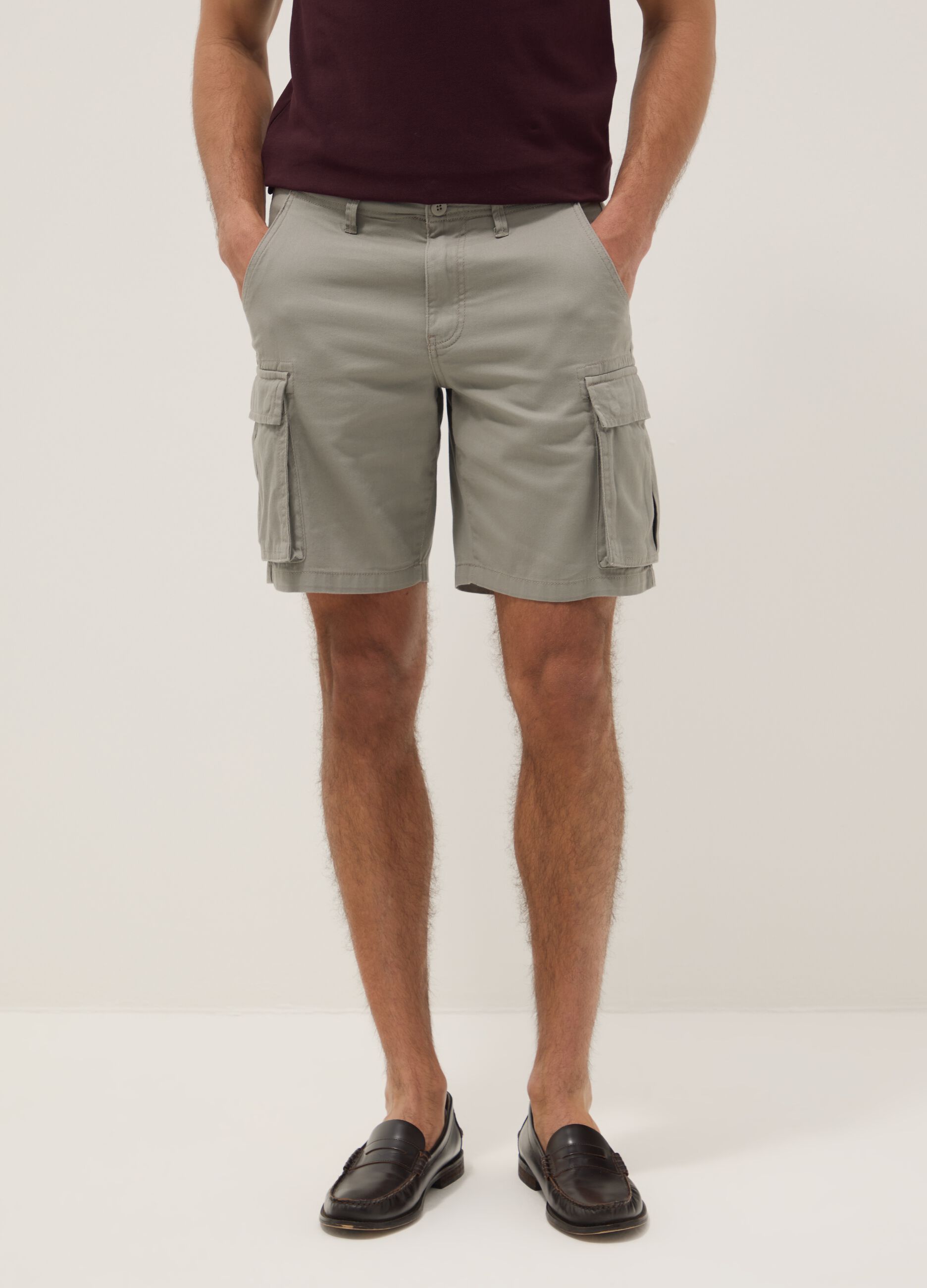 Grey pure cotton regular-fit cargo Bermuda shorts