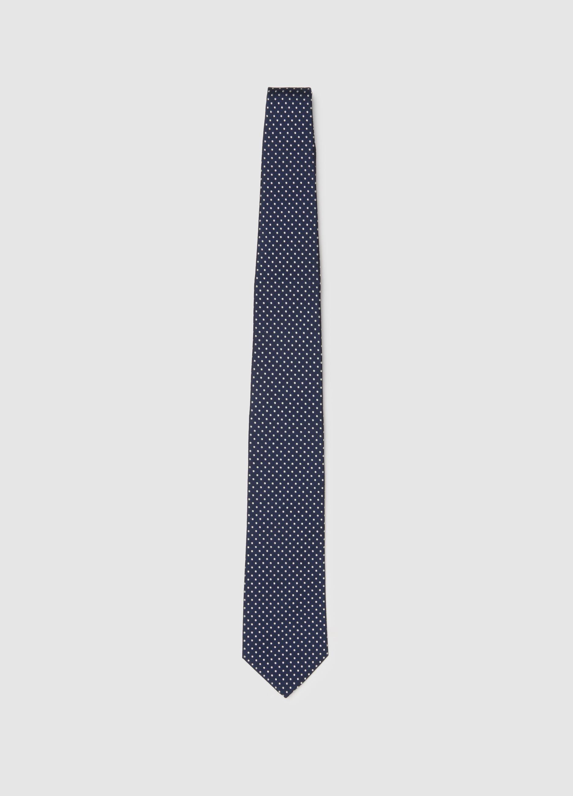 Pure silk blue tie with polka dot pattern