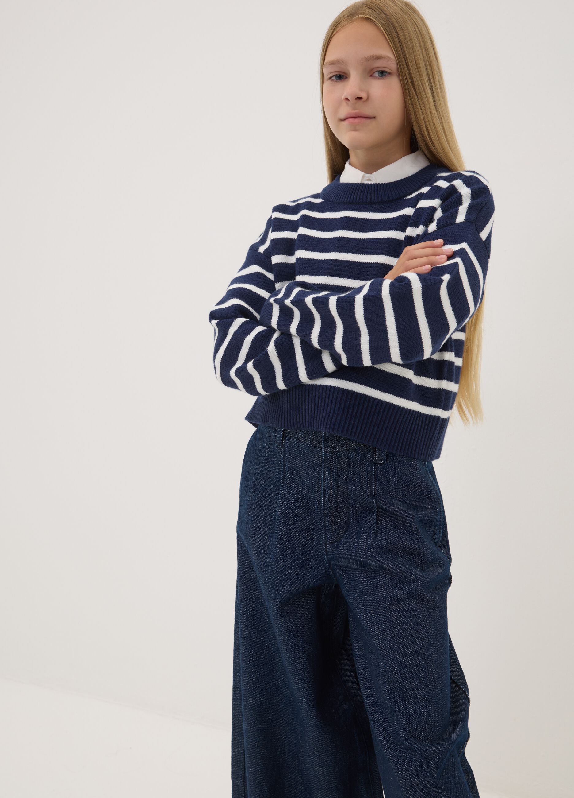 Blue striped viscose-blend crew-neck jumper