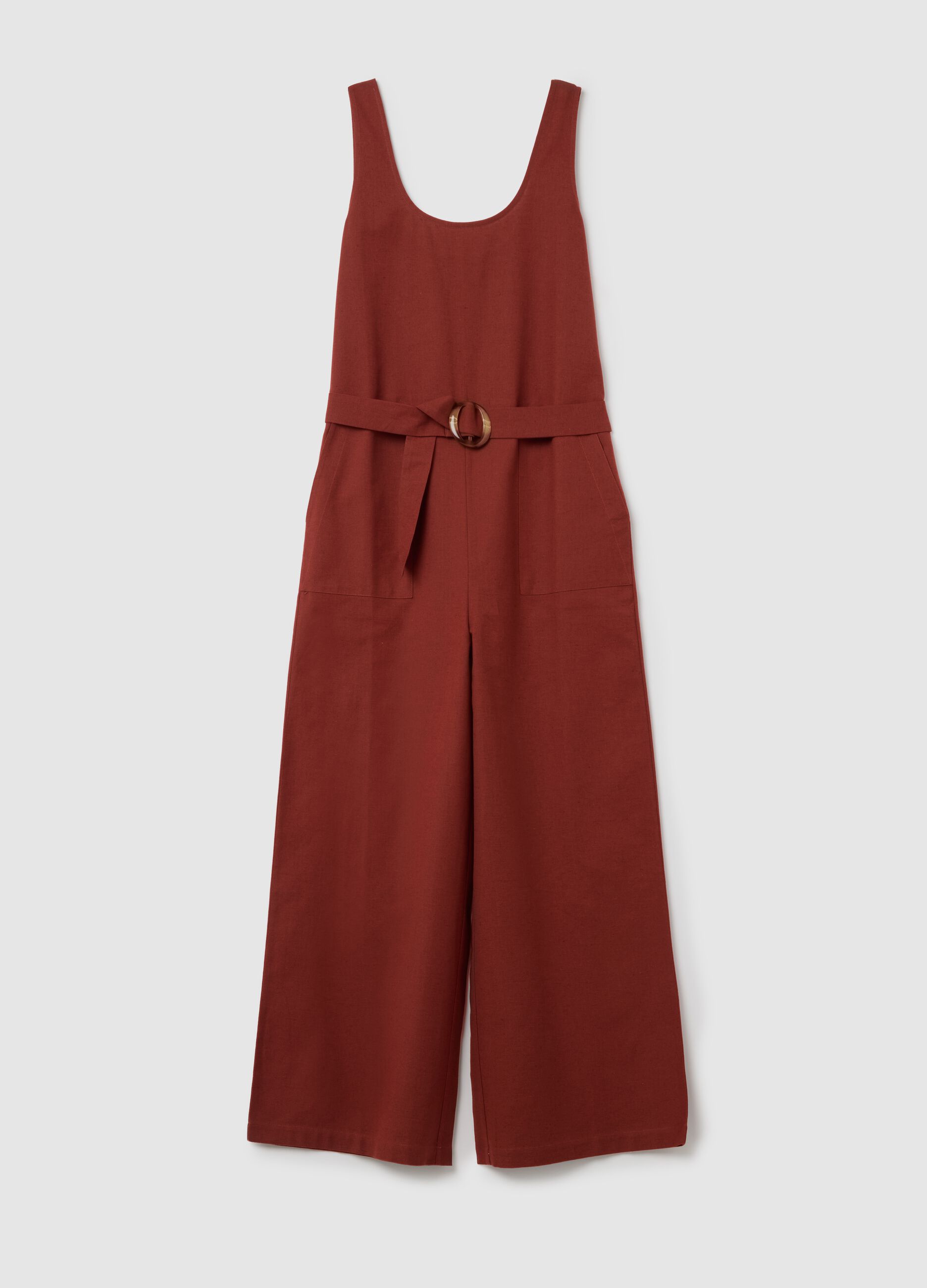 Tuta da donna in cotone e lino marrone wide fit con cintura