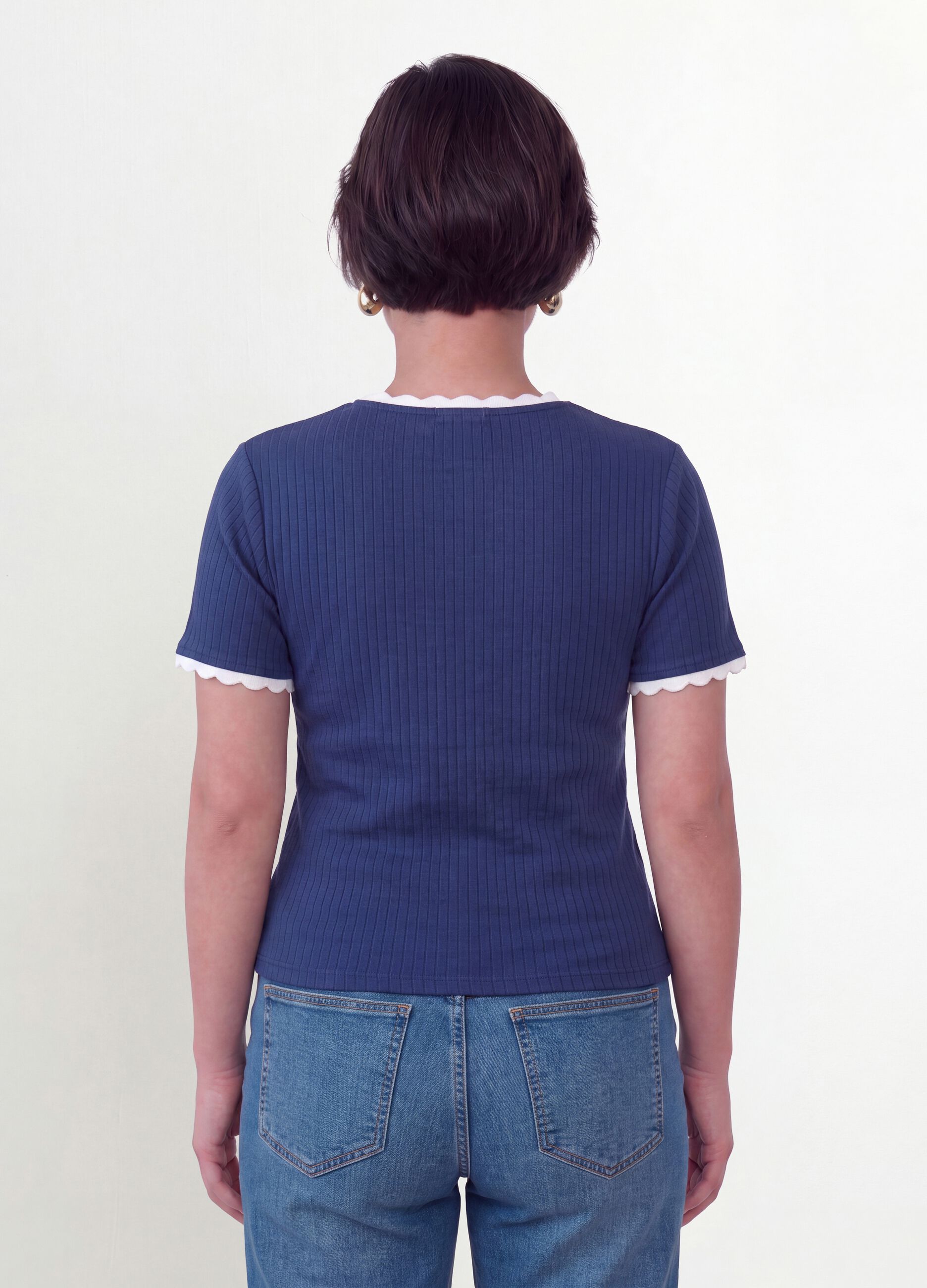 Blue stretch viscose crew-neck T-shirt with contrast trim