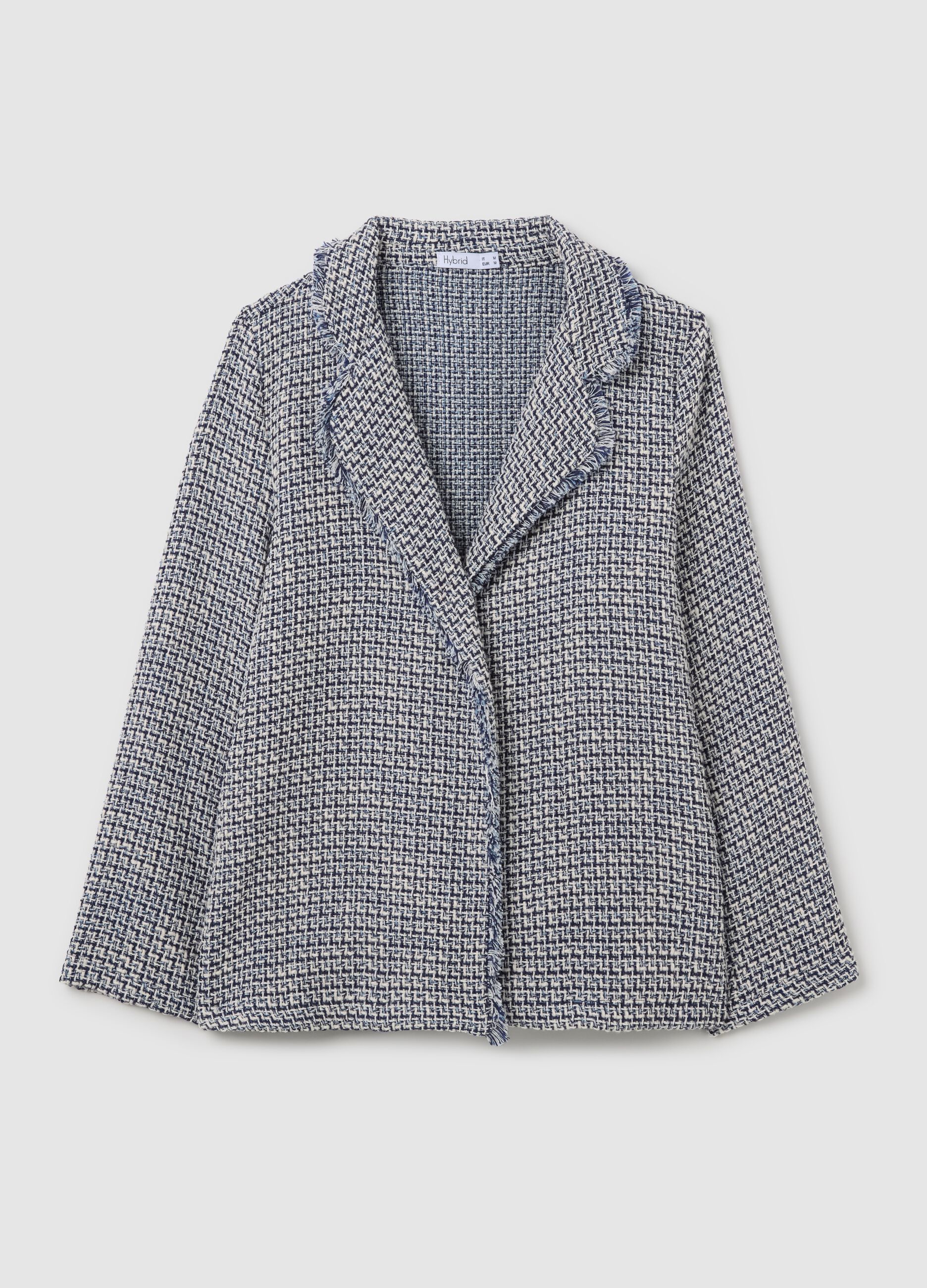 Blazer aperto in tweed sfrangiato bianco e blu