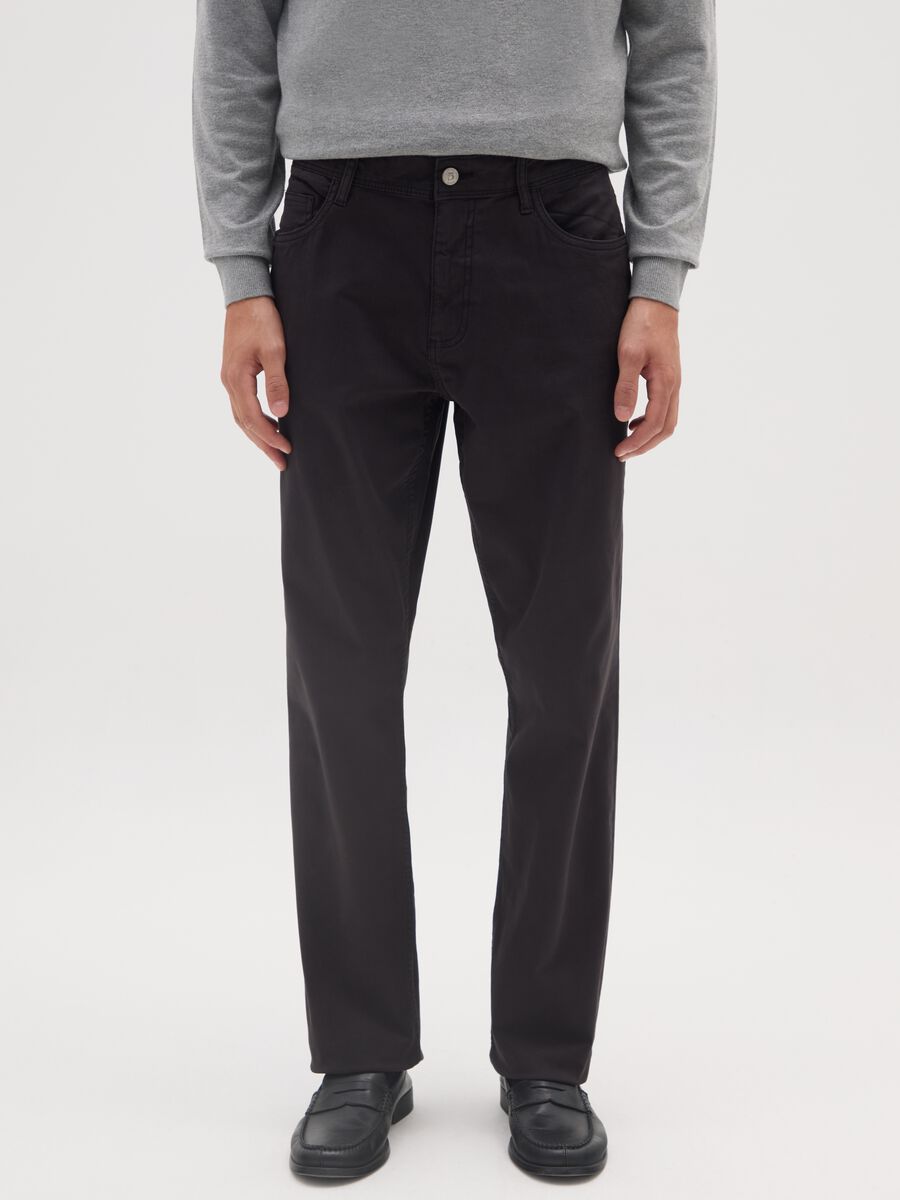 Black regular fit stretch cotton trousers_1