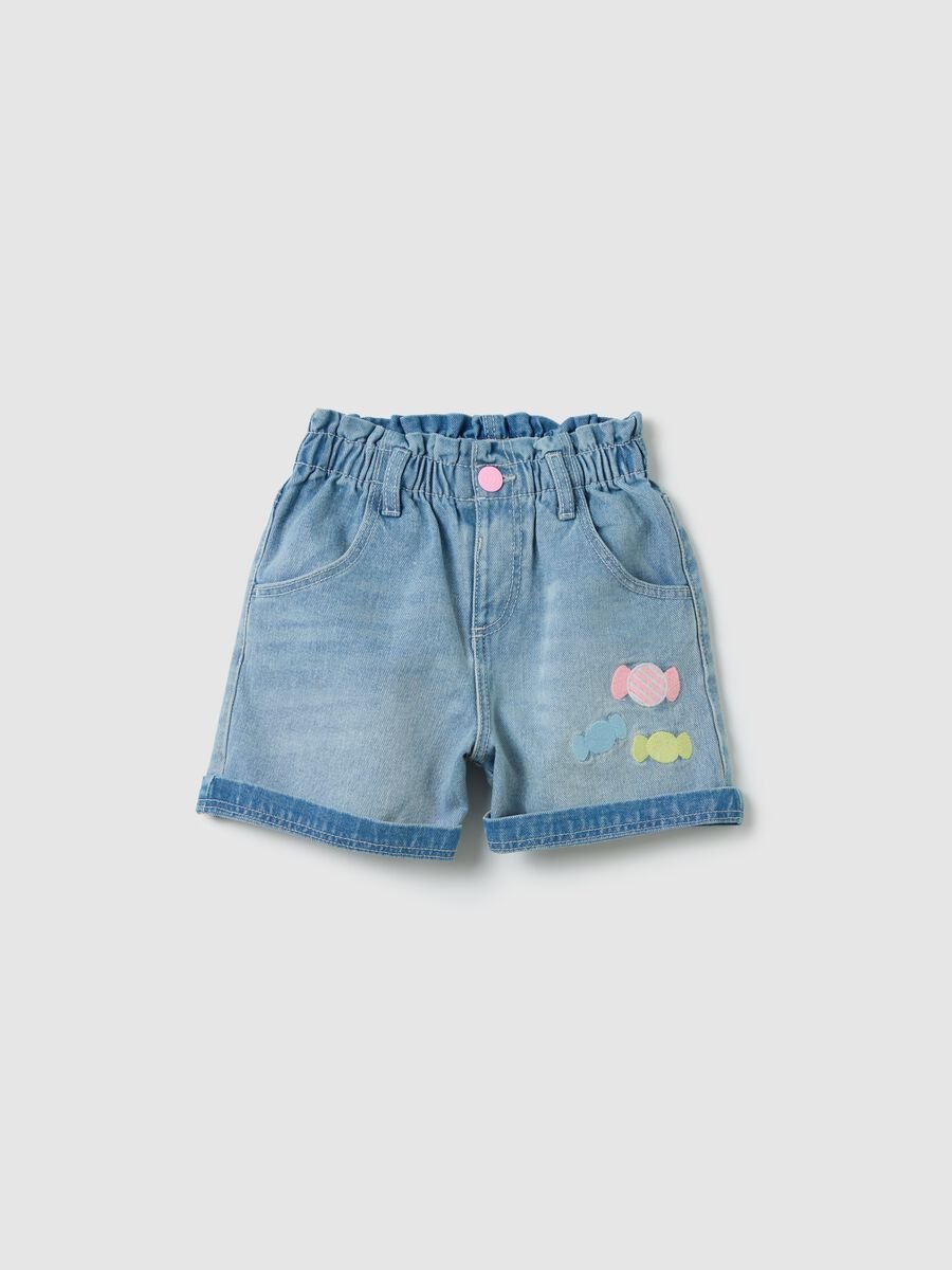 Denim shorts in cotton with sweets print_0