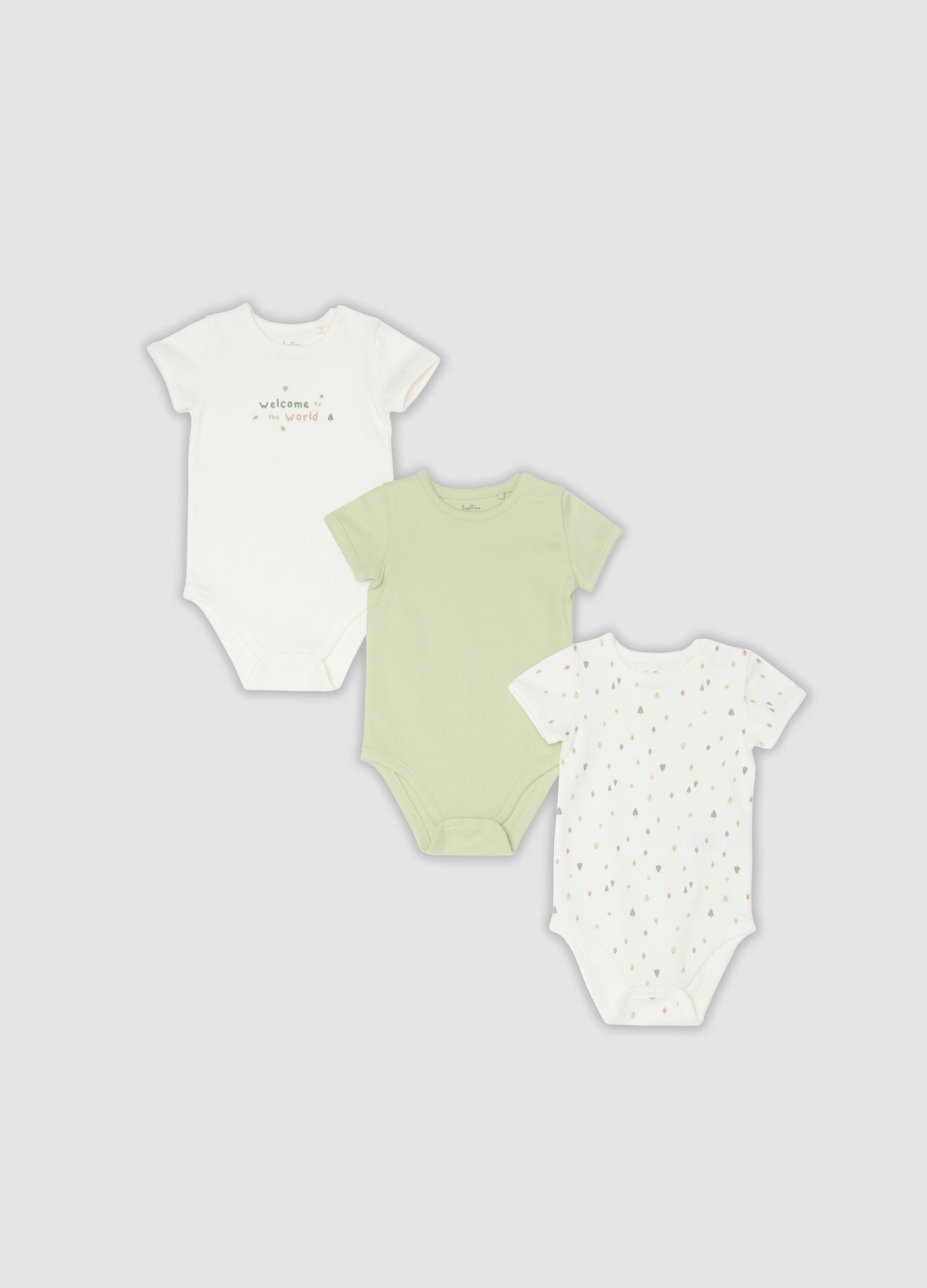 Tripack di body multicolor in puro cotone organico con stampa per neonato