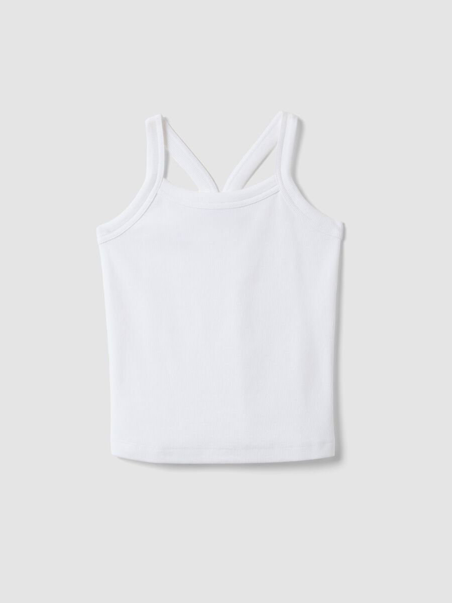 Tank top fitted bianco in cotone elasticizzato a coste da ragazza_0