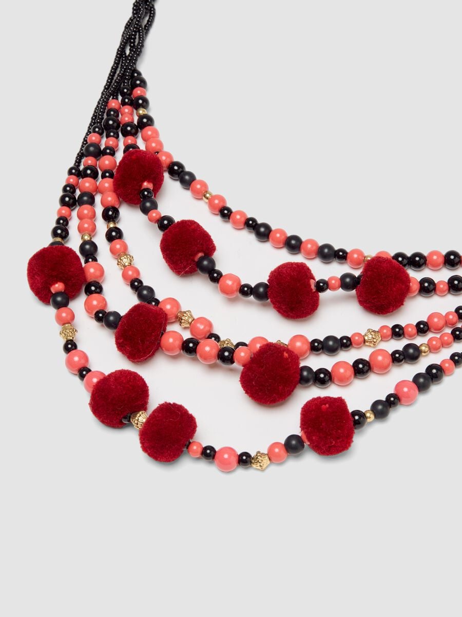 Black and red multi-strand necklace with pom-poms_1
