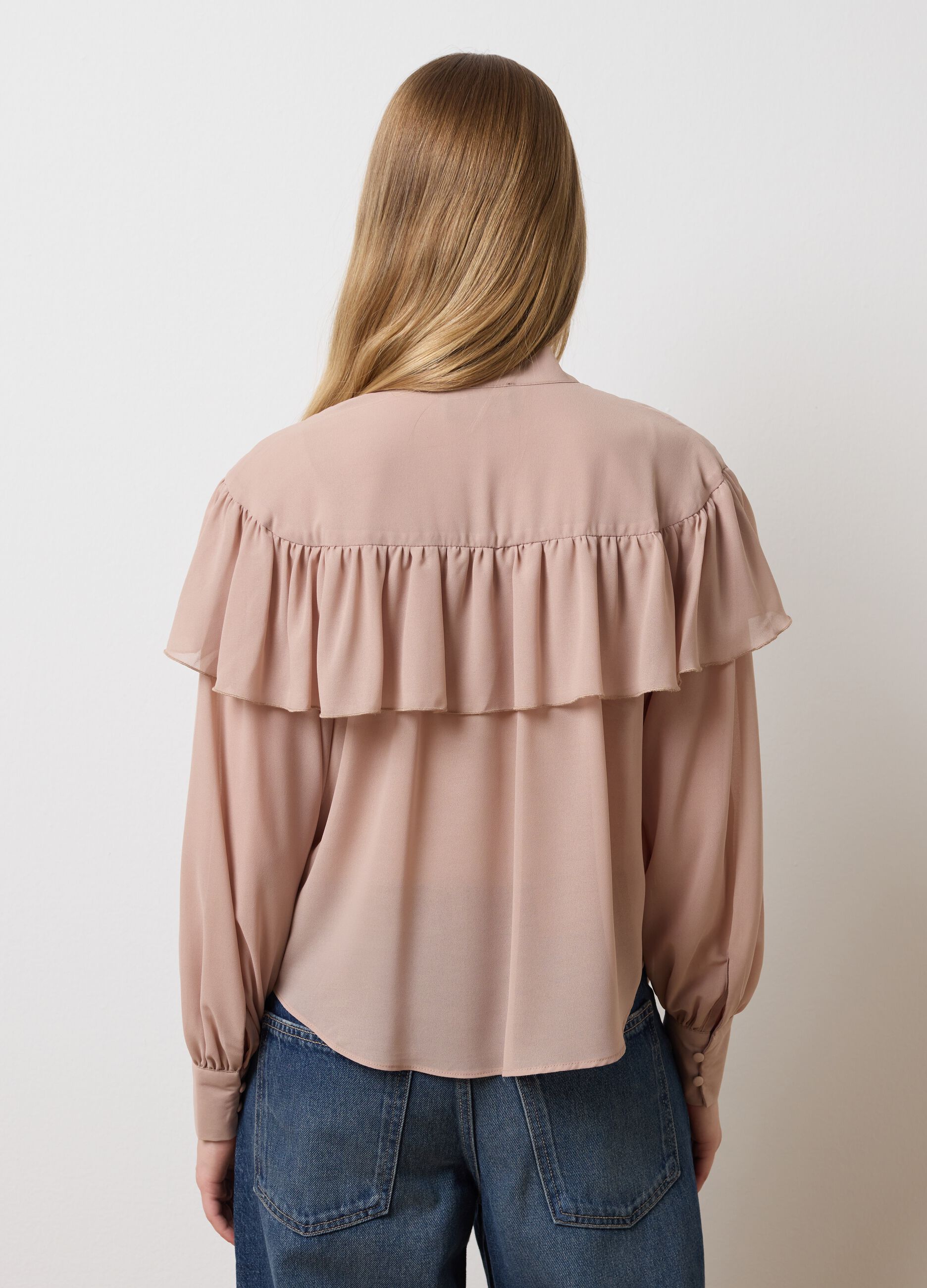 Beige Crepe Regular Fit Blouse with Ruffles