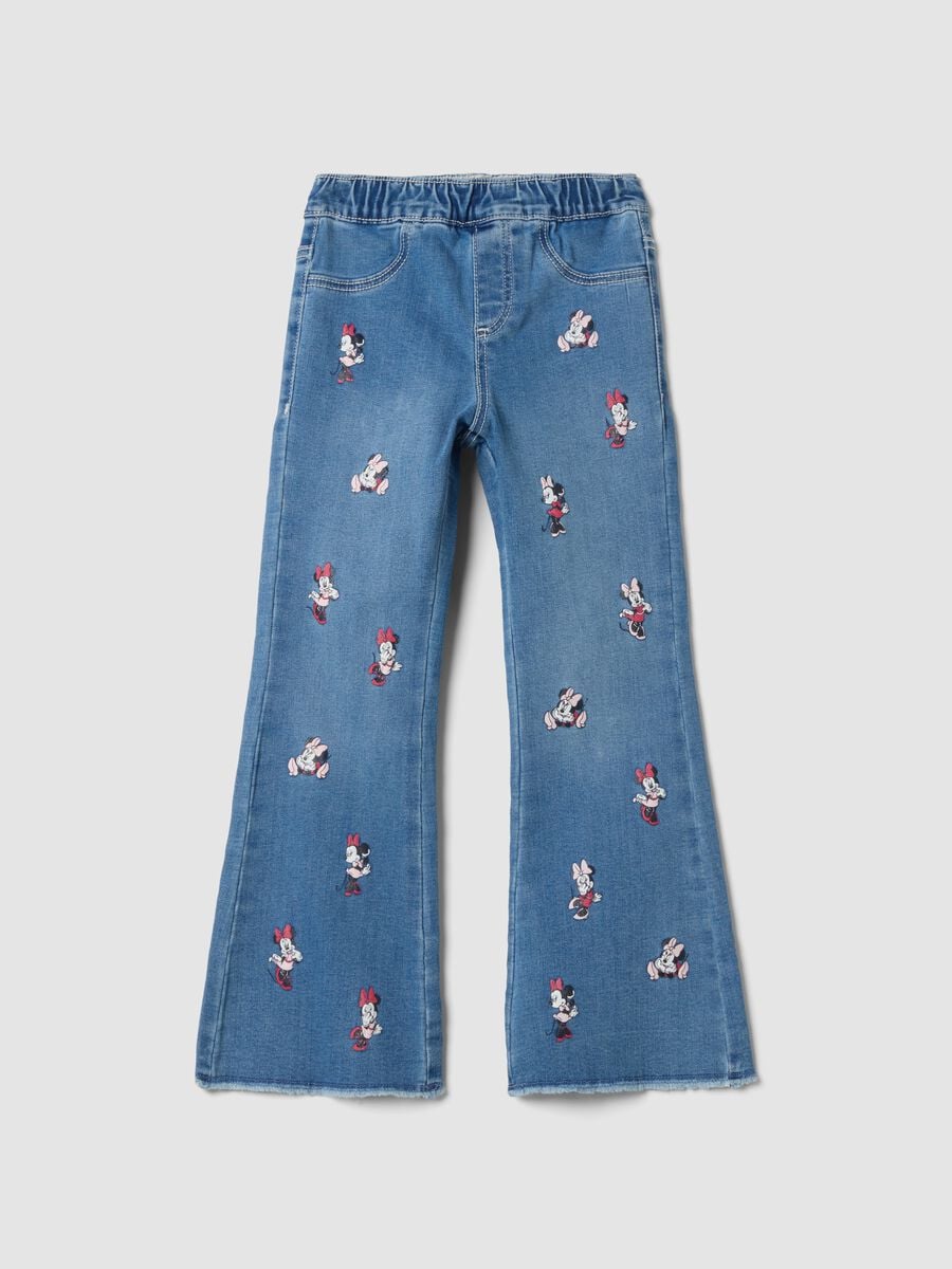 Blue flared cotton and stretch viscose jeggings with Minnie print_0