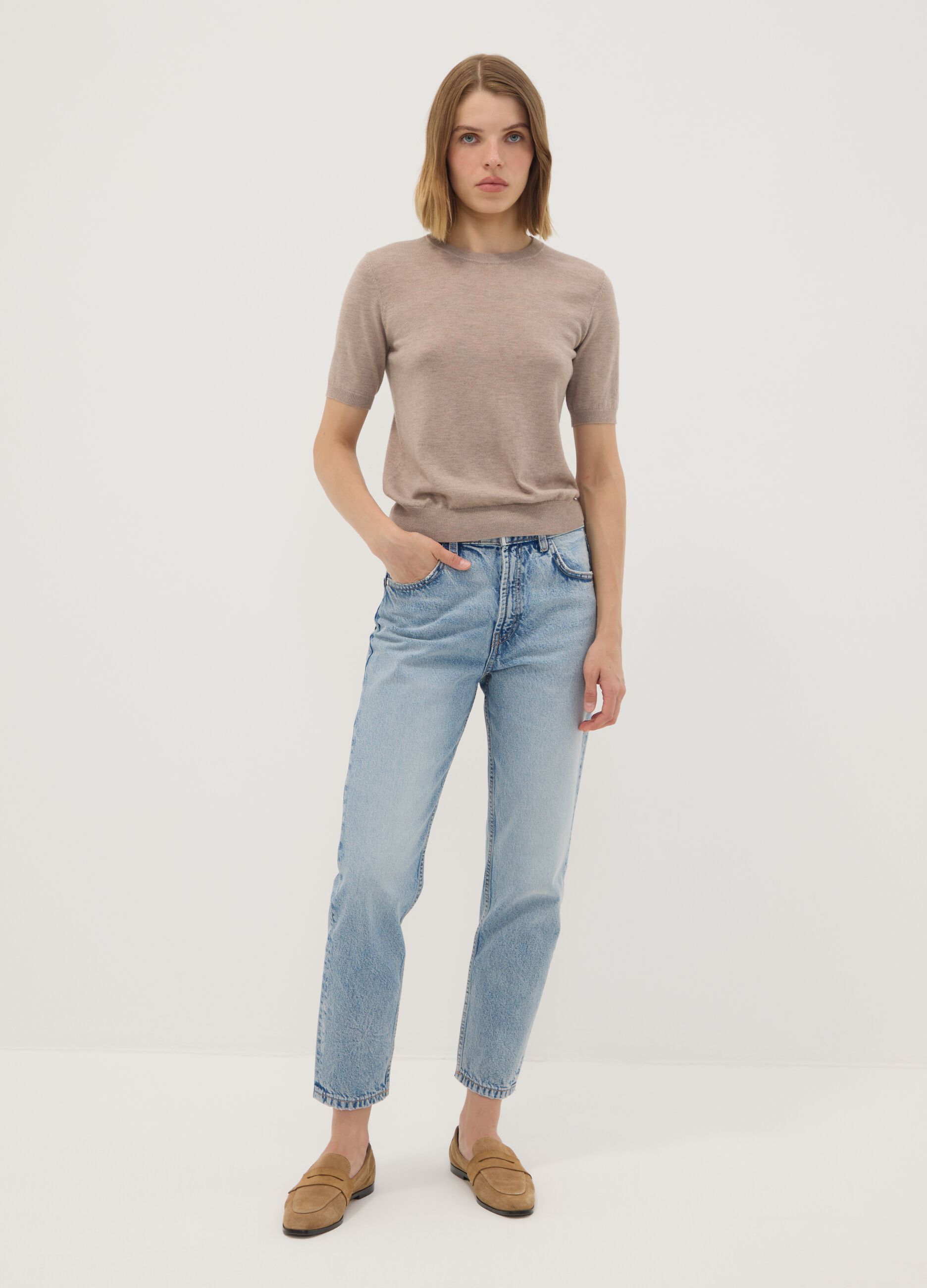 Beige short-sleeve crew-neck wool-blend jumper, regular fit