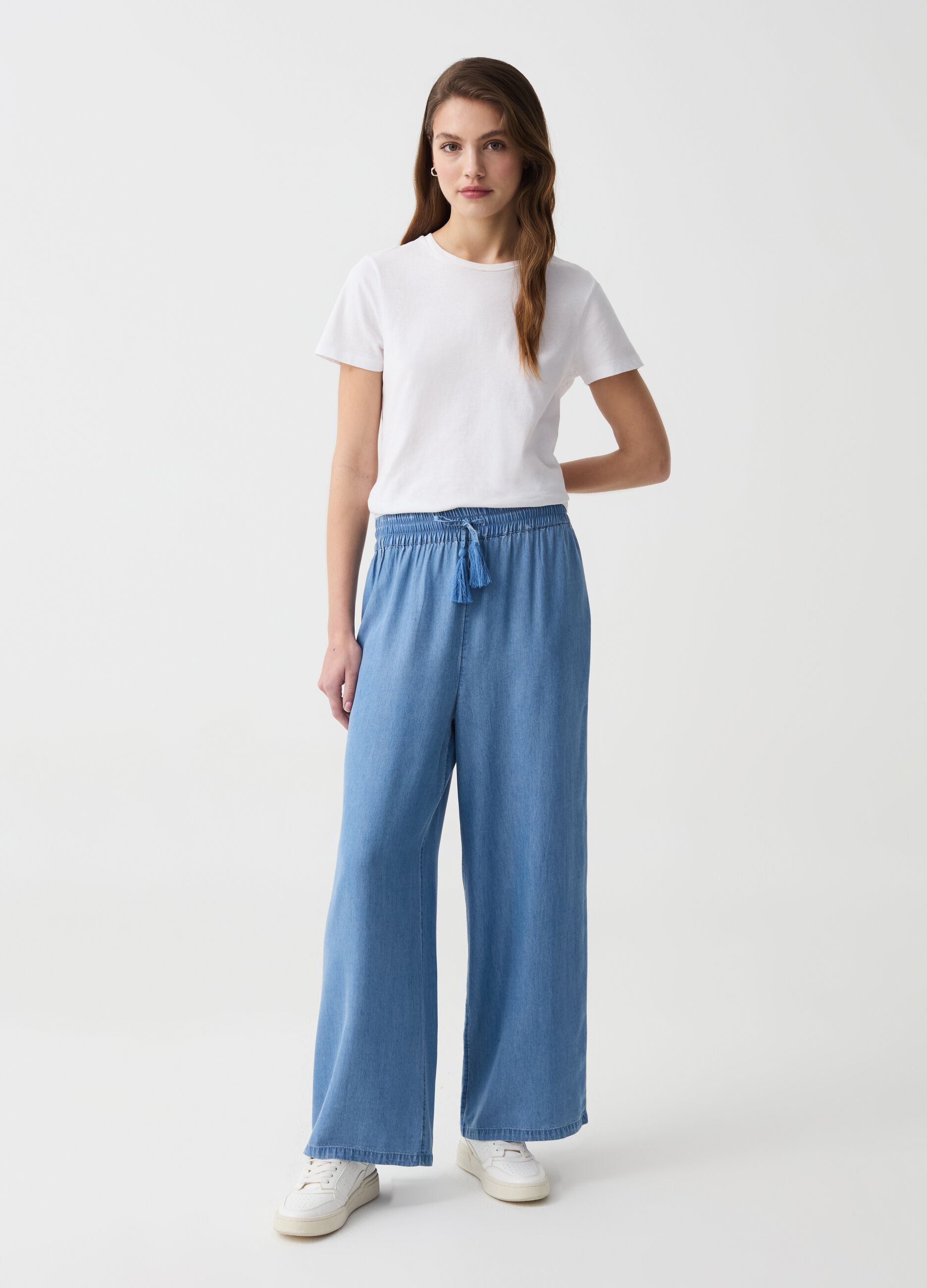 Joggers wide leg in denim fluido