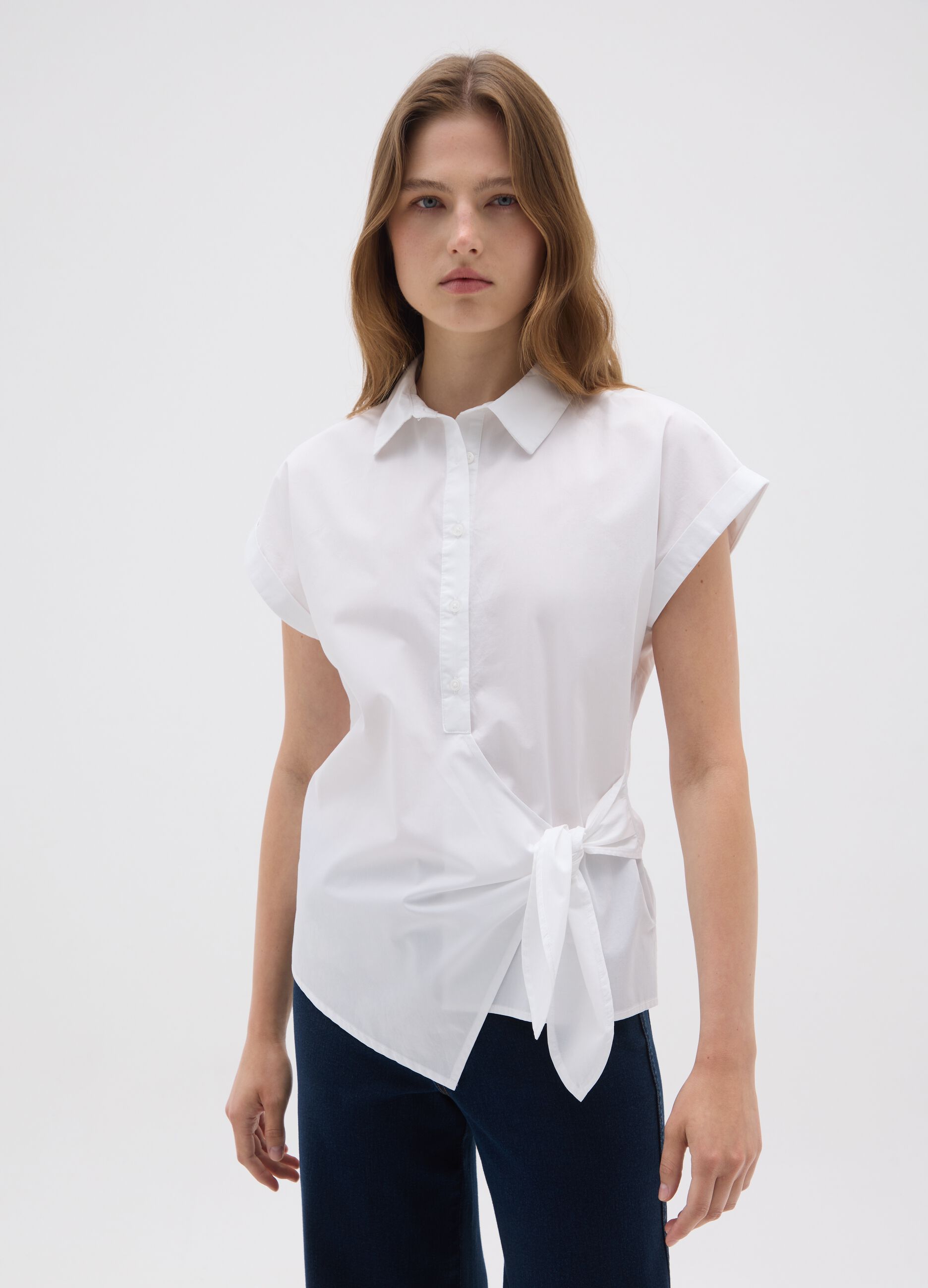 White pure cotton shirt regular fit with knot