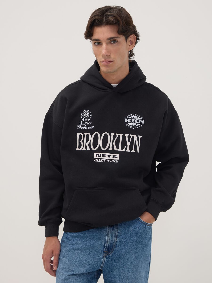 Black cotton-blend hoodie with Brooklyn Nets print_0