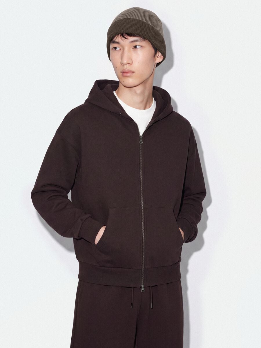 Felpa crop marrone in puro cotone con cappuccio over fit_0