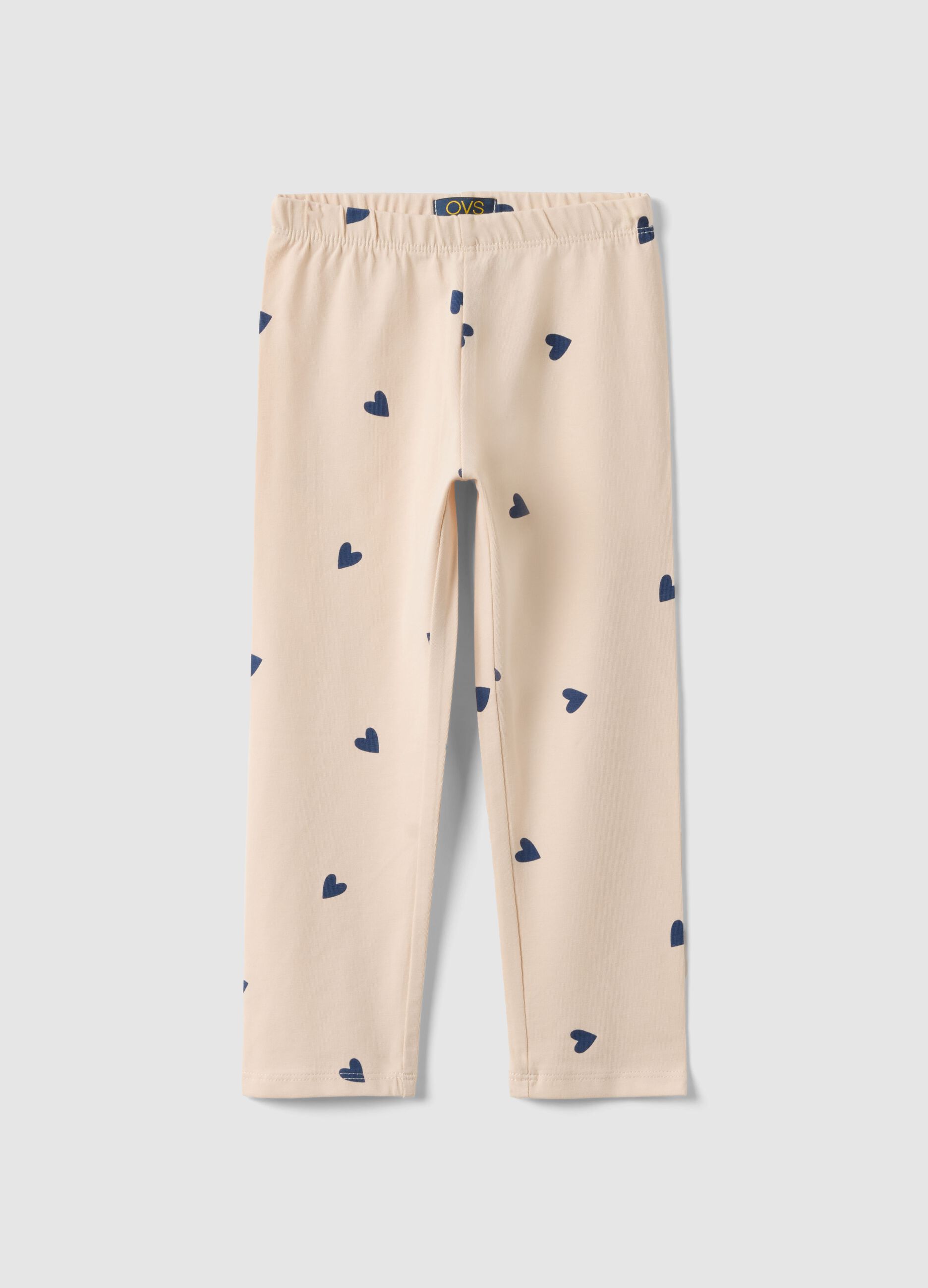 Girls' beige stretch cotton slim fit leggings with designs