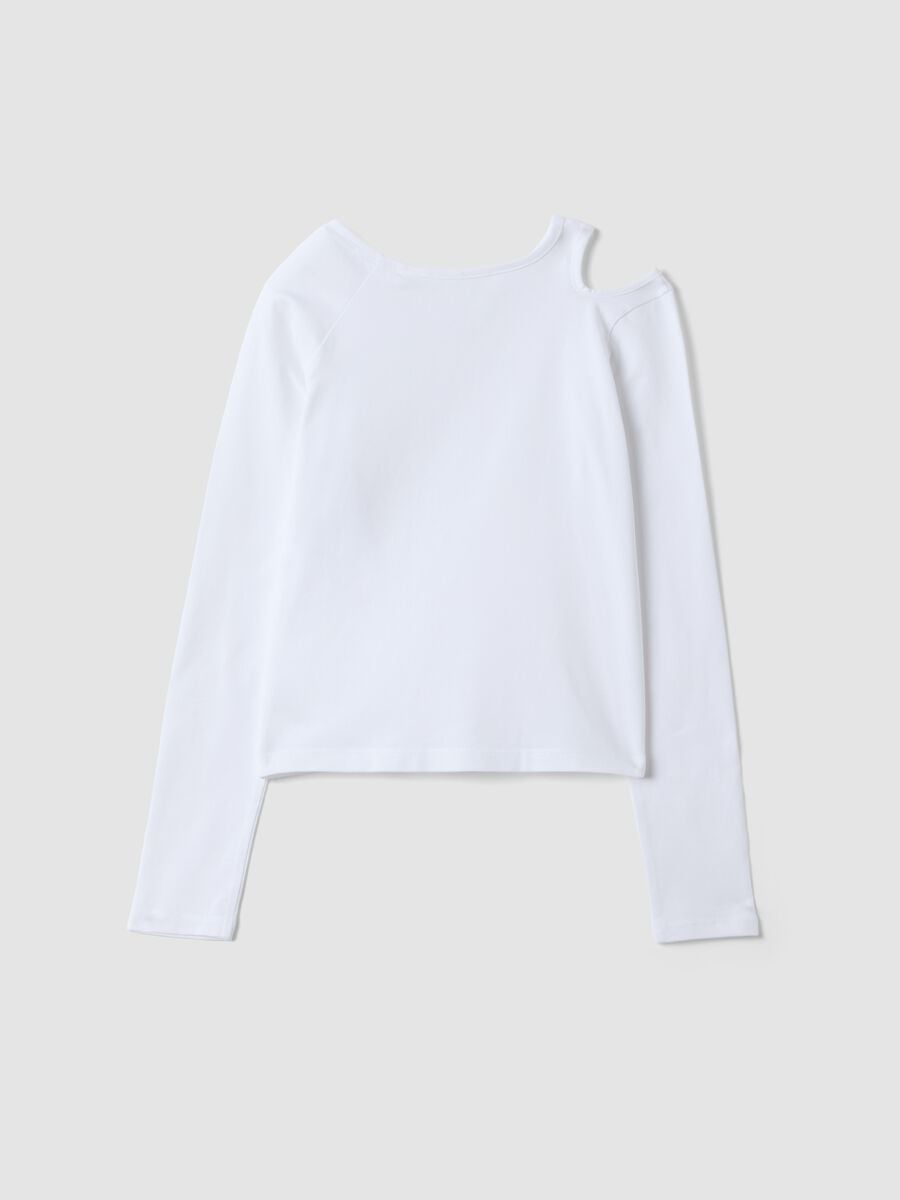 T-shirt bianca in cotone organico elasticizzato con cut-out per ragazza_2