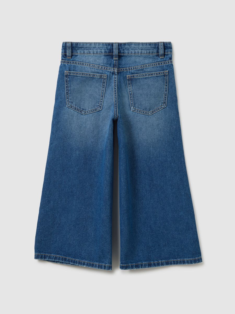 Girls' culotte jeans in pure blue denim cotton wide leg with five pockets_1