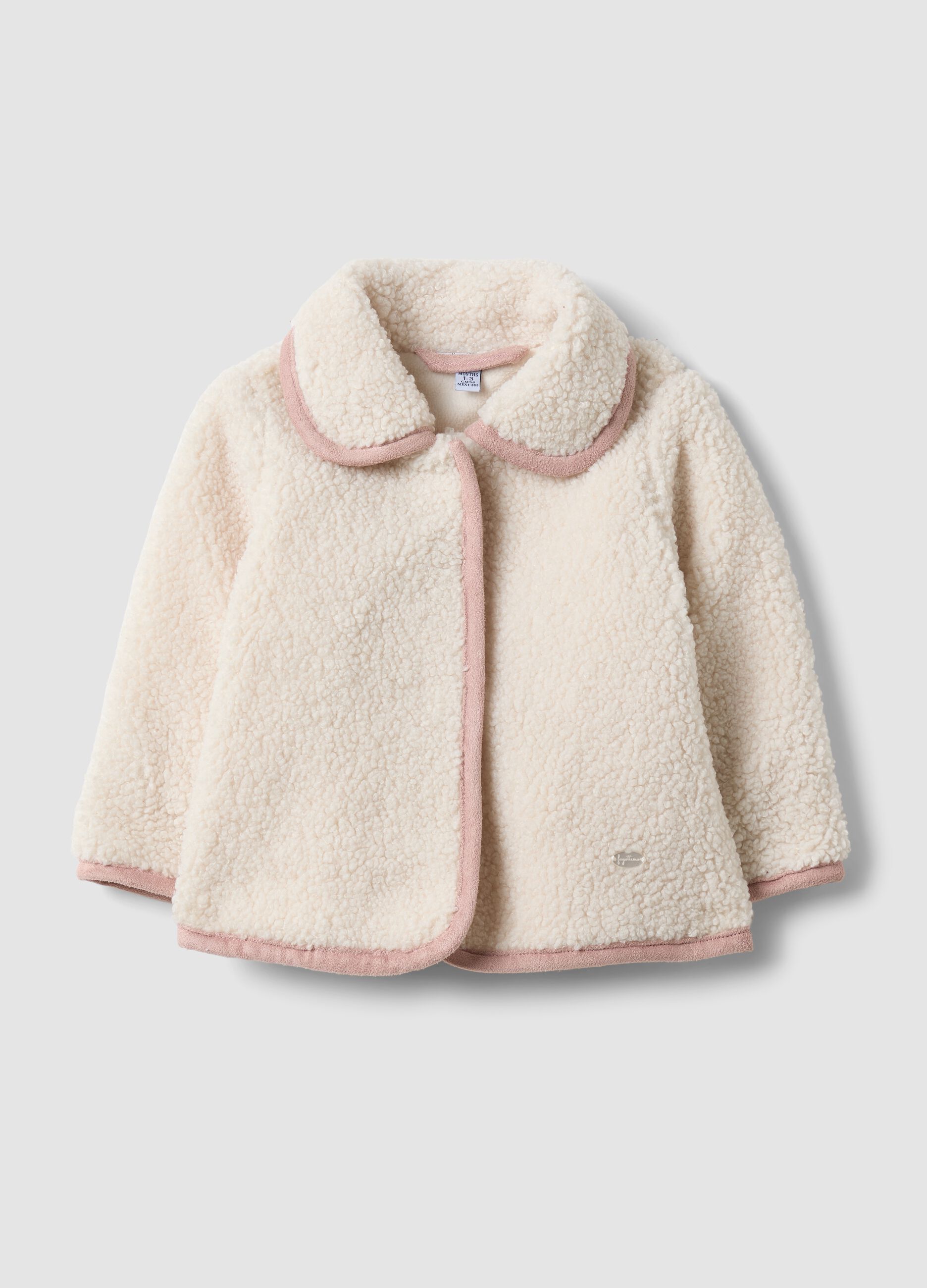 Beige padded teddy-effect jacket with collar and pink trim