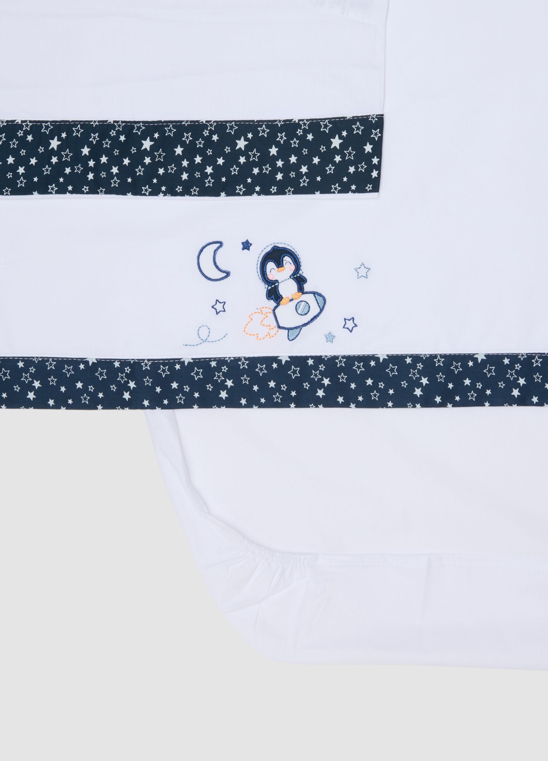 Lenzuolino bianco e blu in puro cotone con stampa pinguino per neonato