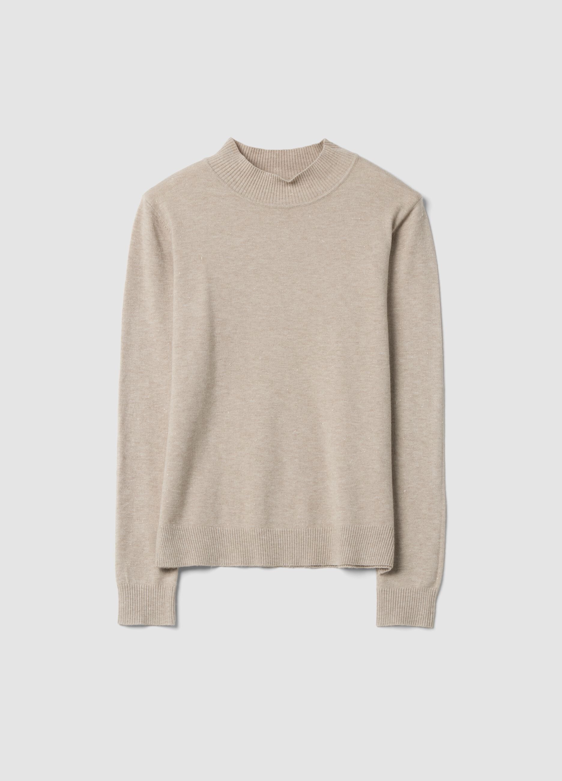 Beige viscose-blend jumper with high neck, regular fit