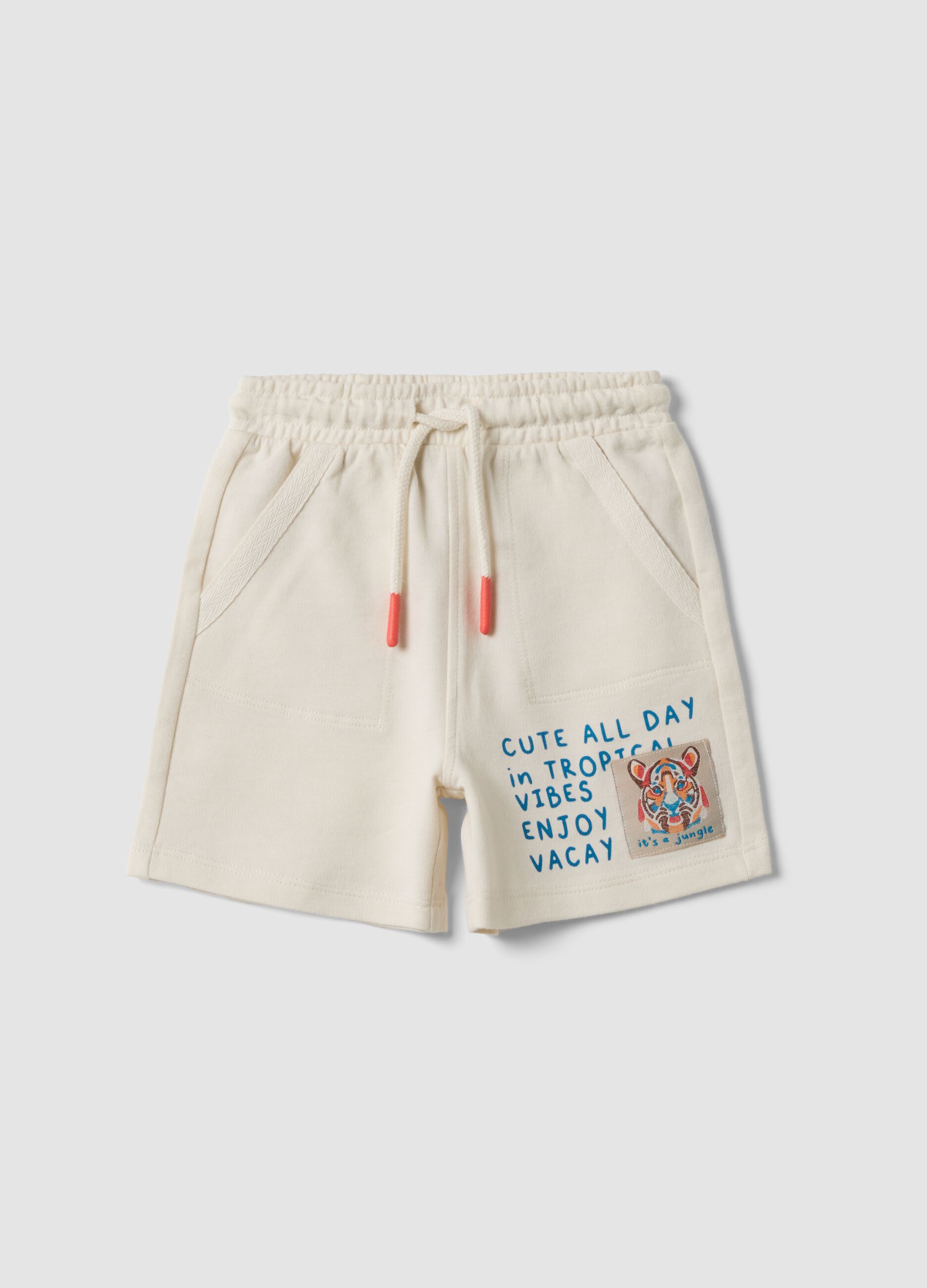 Beige pure cotton shorts with elasticated waist for boys, relaxed fit