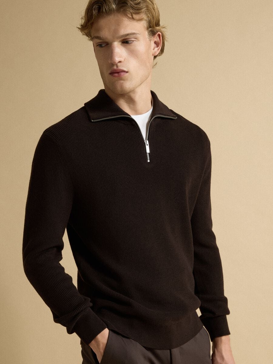 Brown cotton-blend half-zip jumper, regular fit_1