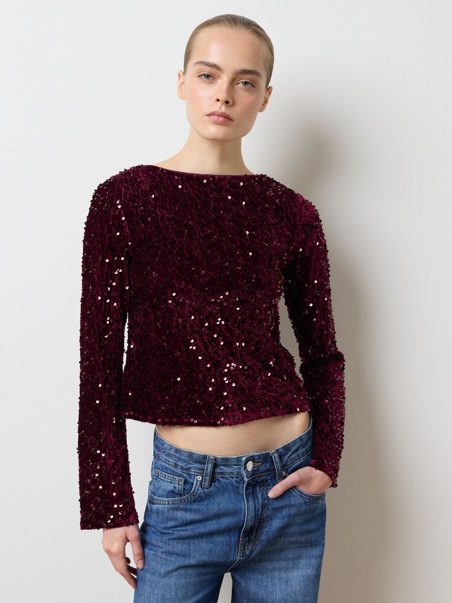 Regular fit red velour blend top with sequins_1