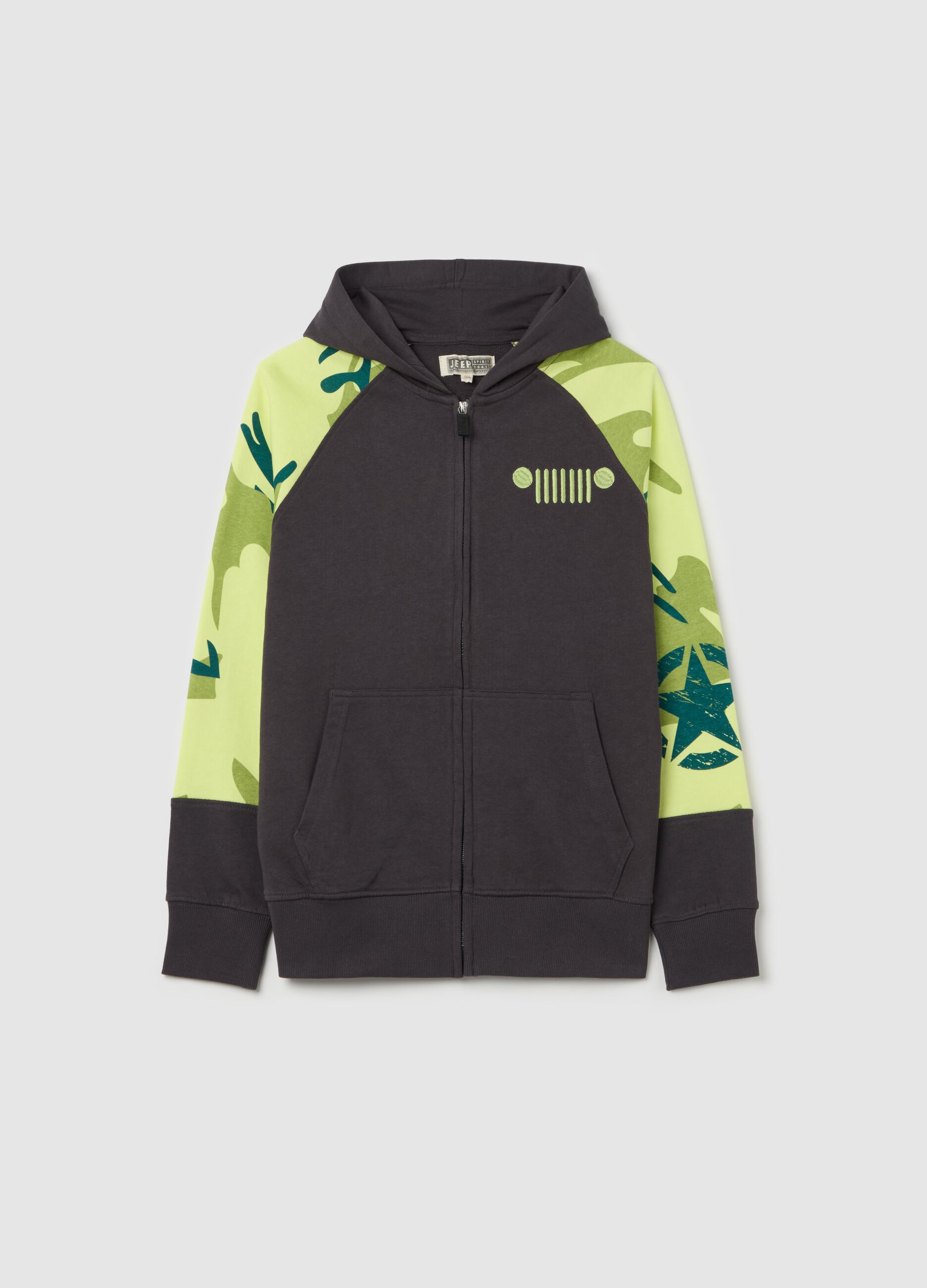 Full-zip sweatshirt with hood and logo and camouflage print