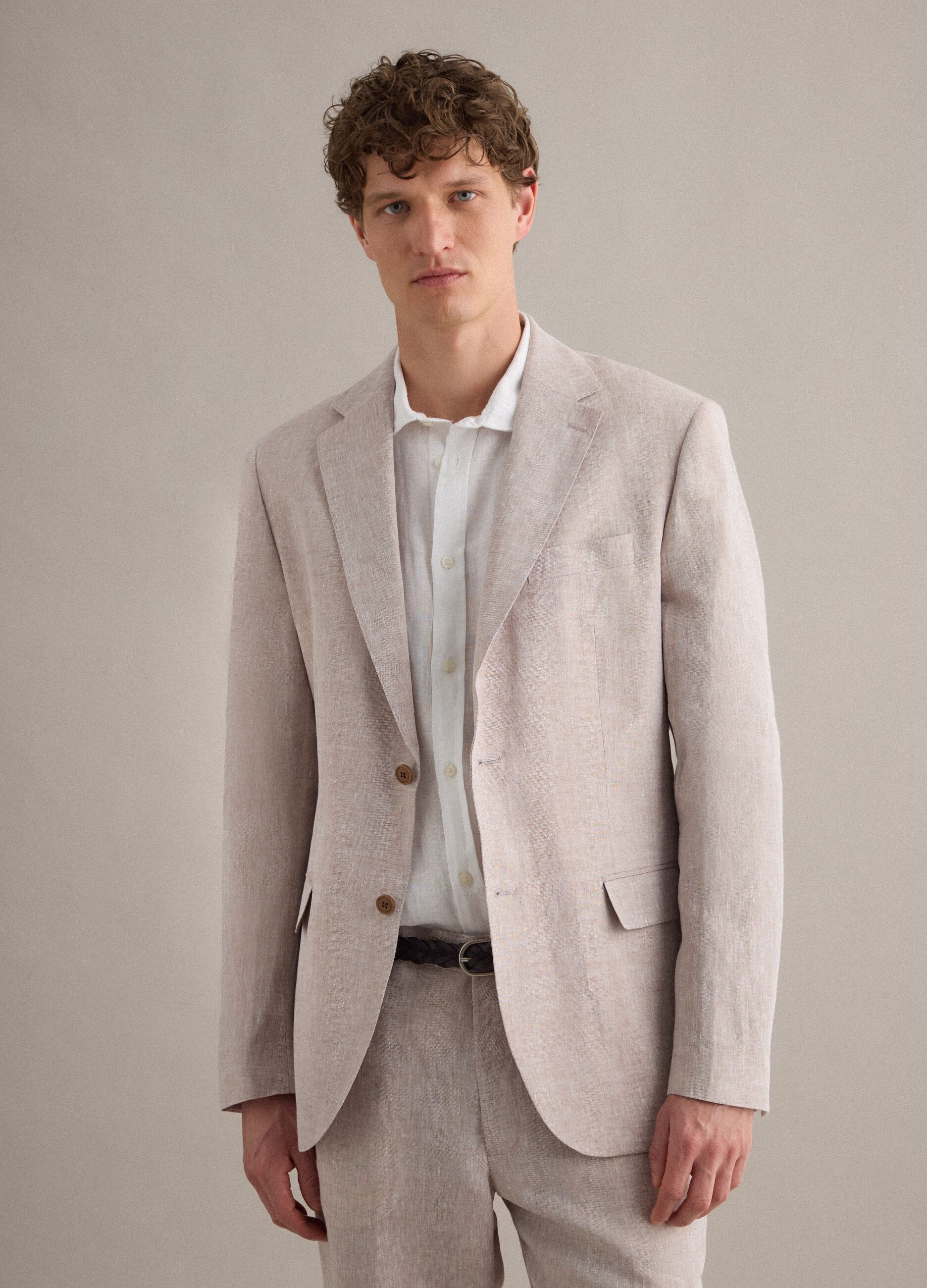 Slim Fit Beige Pure Linen Blazer