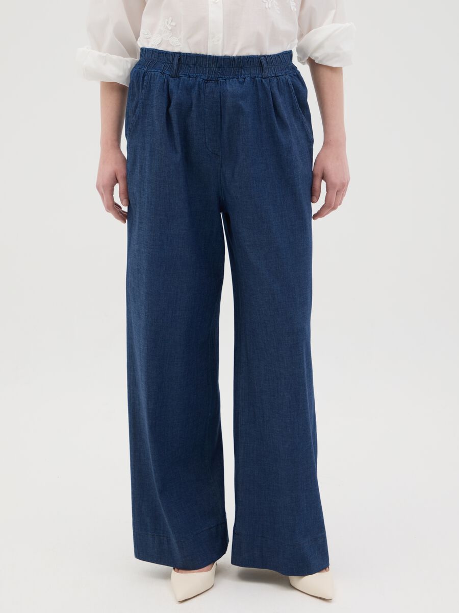 Women's blue denim regular fit trousers with elasticated waist_1