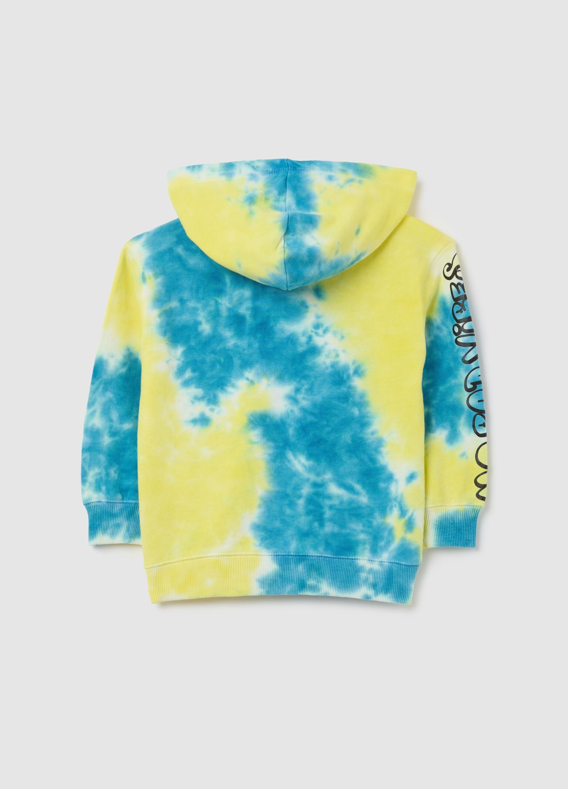 Blue and yellow full-zip sweatshirt with tie dye pattern, hood and print