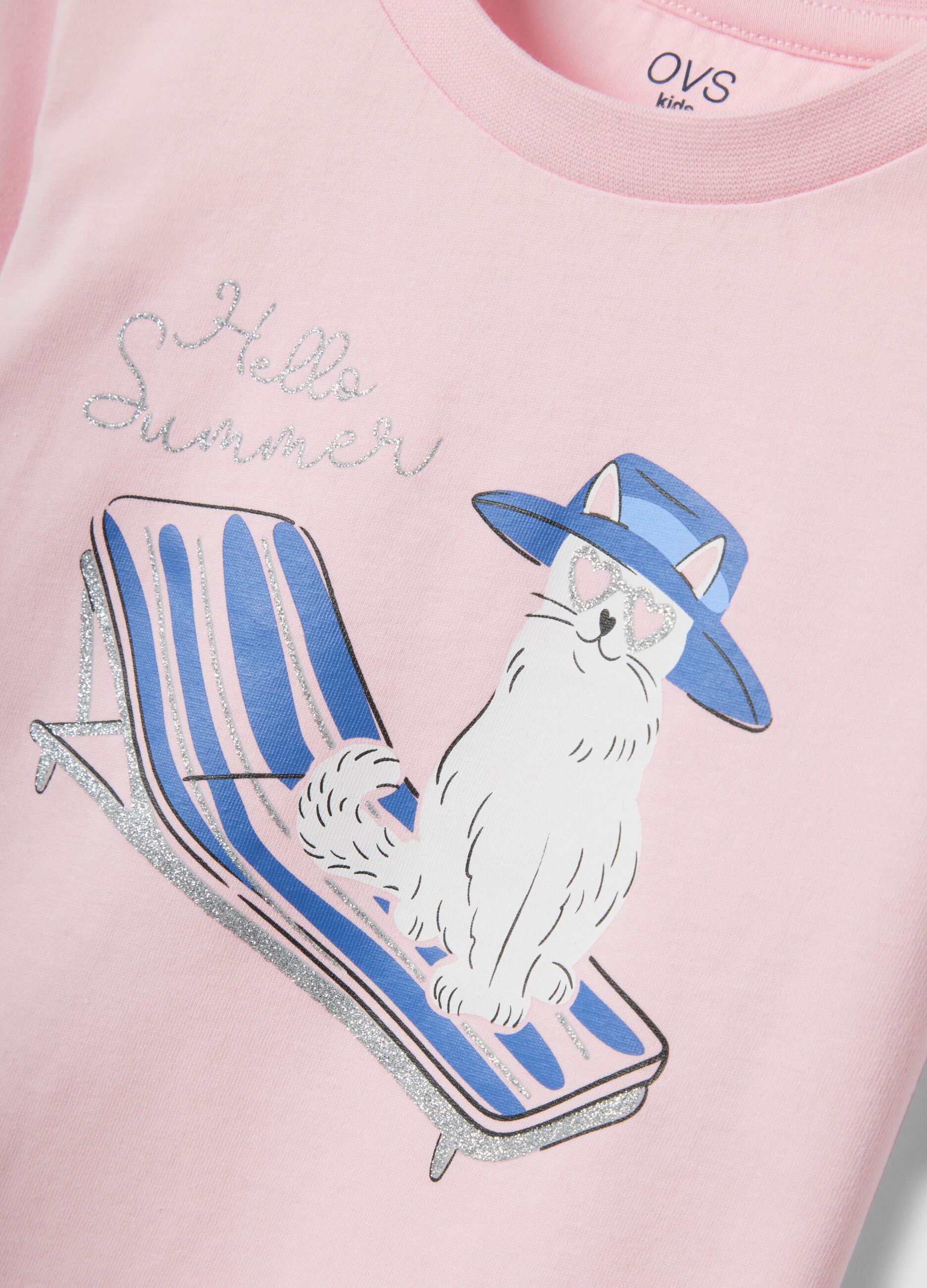 Girls&rsquo; pink organic cotton T-shirt with print and glitter