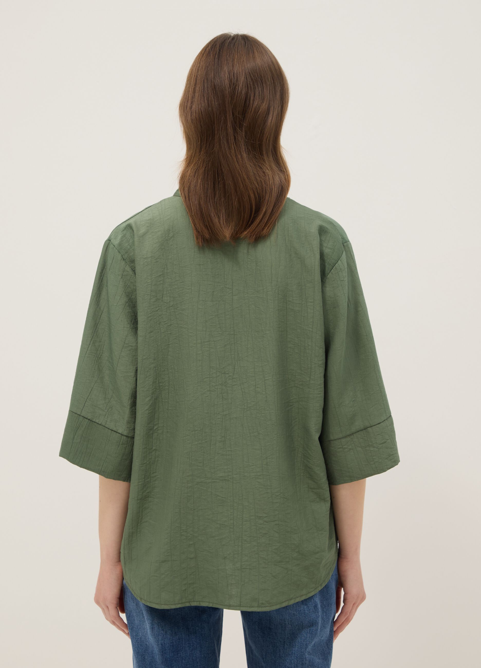 Green viscose-blend regular-fit blouse with Mandarin collar