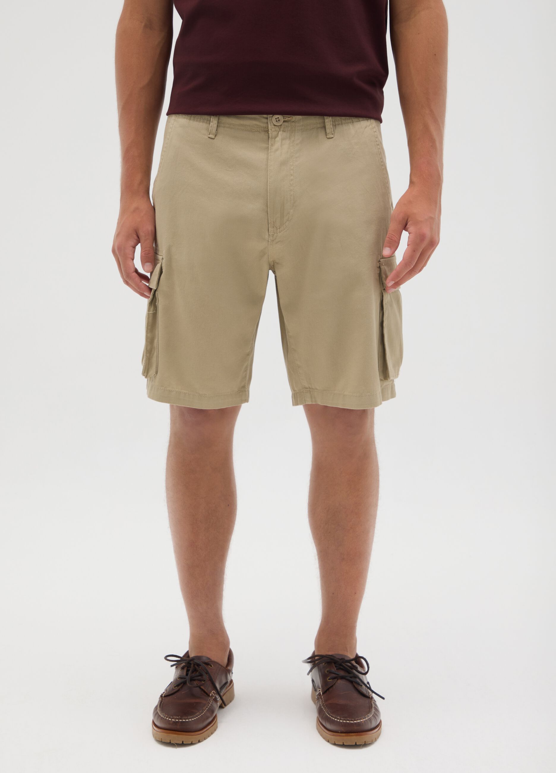 Men's beige regular fit pure cotton Bermuda shorts